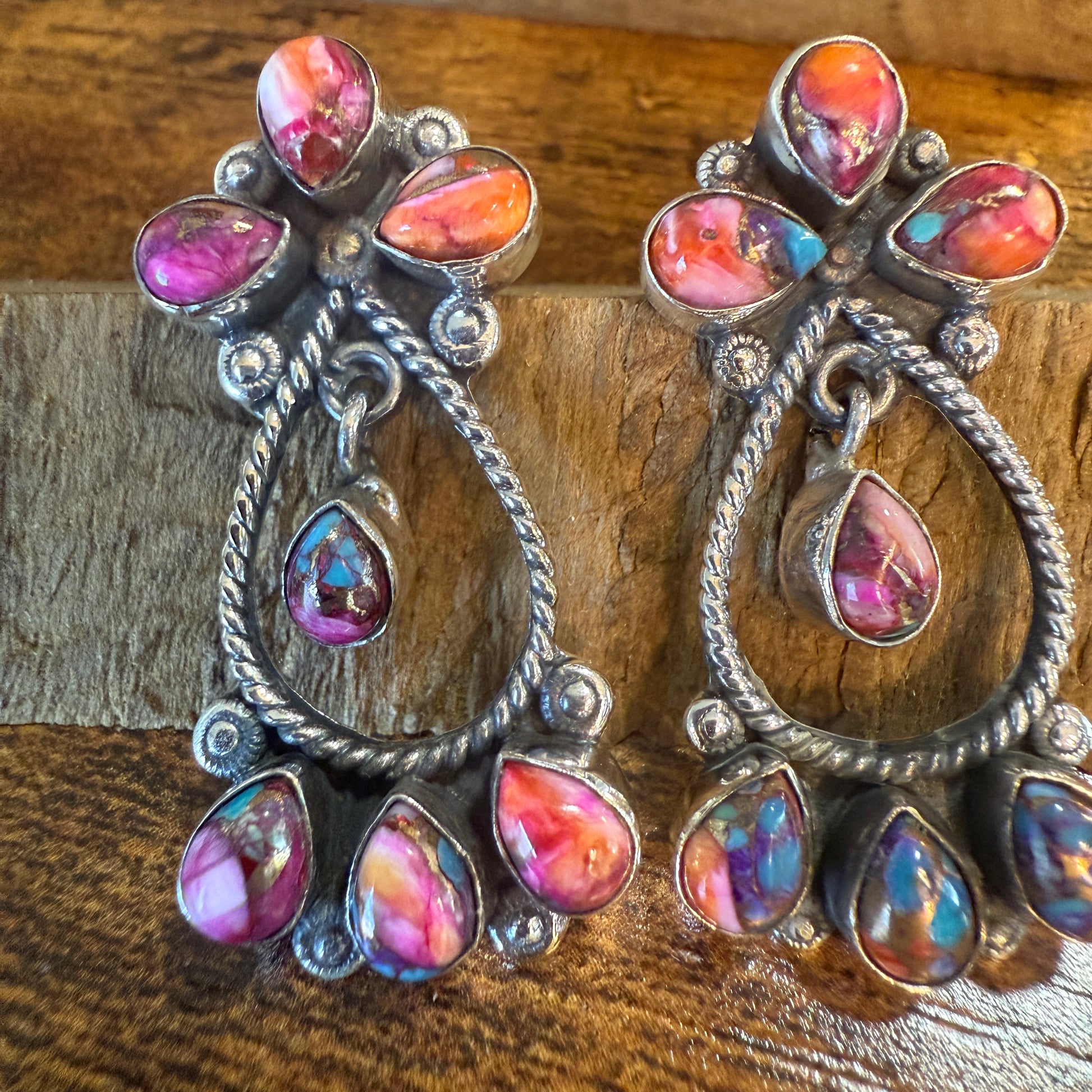 Red Rose Dahlia Gemstone Earrings 14 Stones Handmade 925 Sterling Silver Silver Elegant
