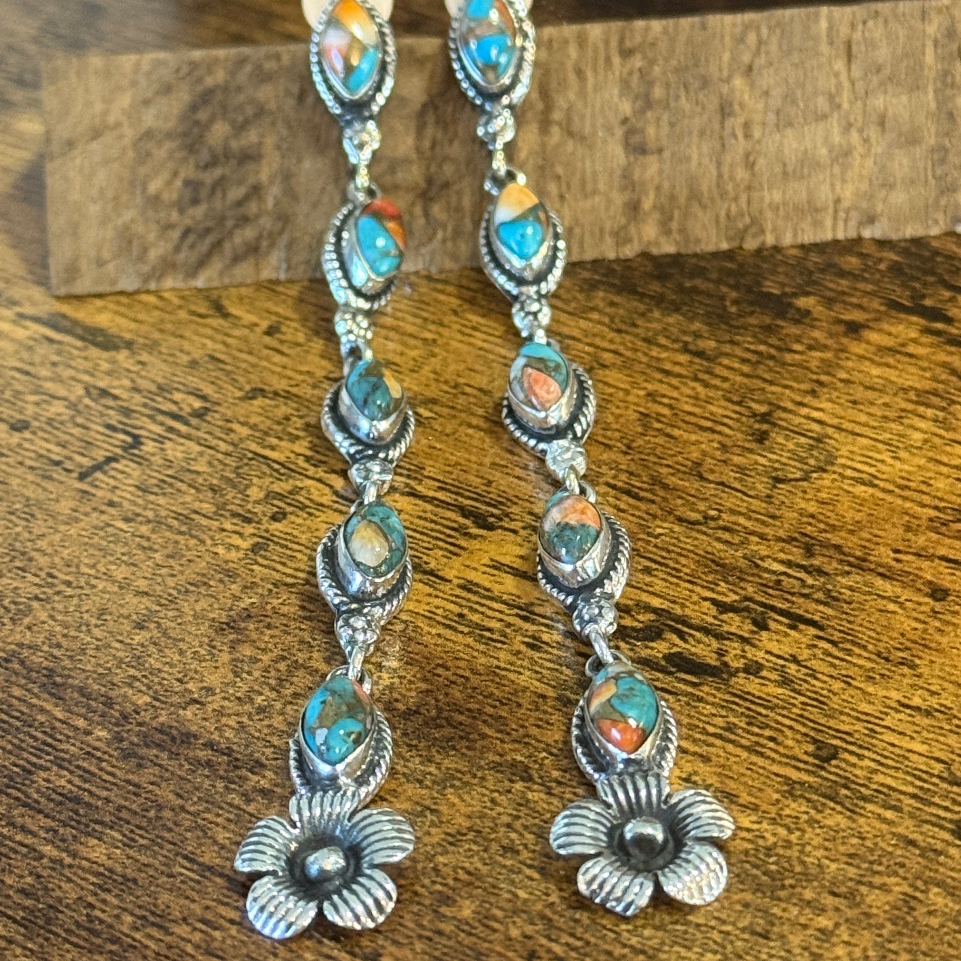 Spiny Oyster Turquoise Sterling Silver Handmade Stud Earrings 4.5 Inches Silver Elegant