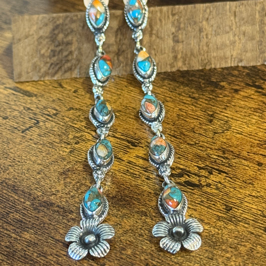 Spiny Oyster Turquoise Sterling Silver Handmade Stud Earrings 4.5 Inches Silver Elegant