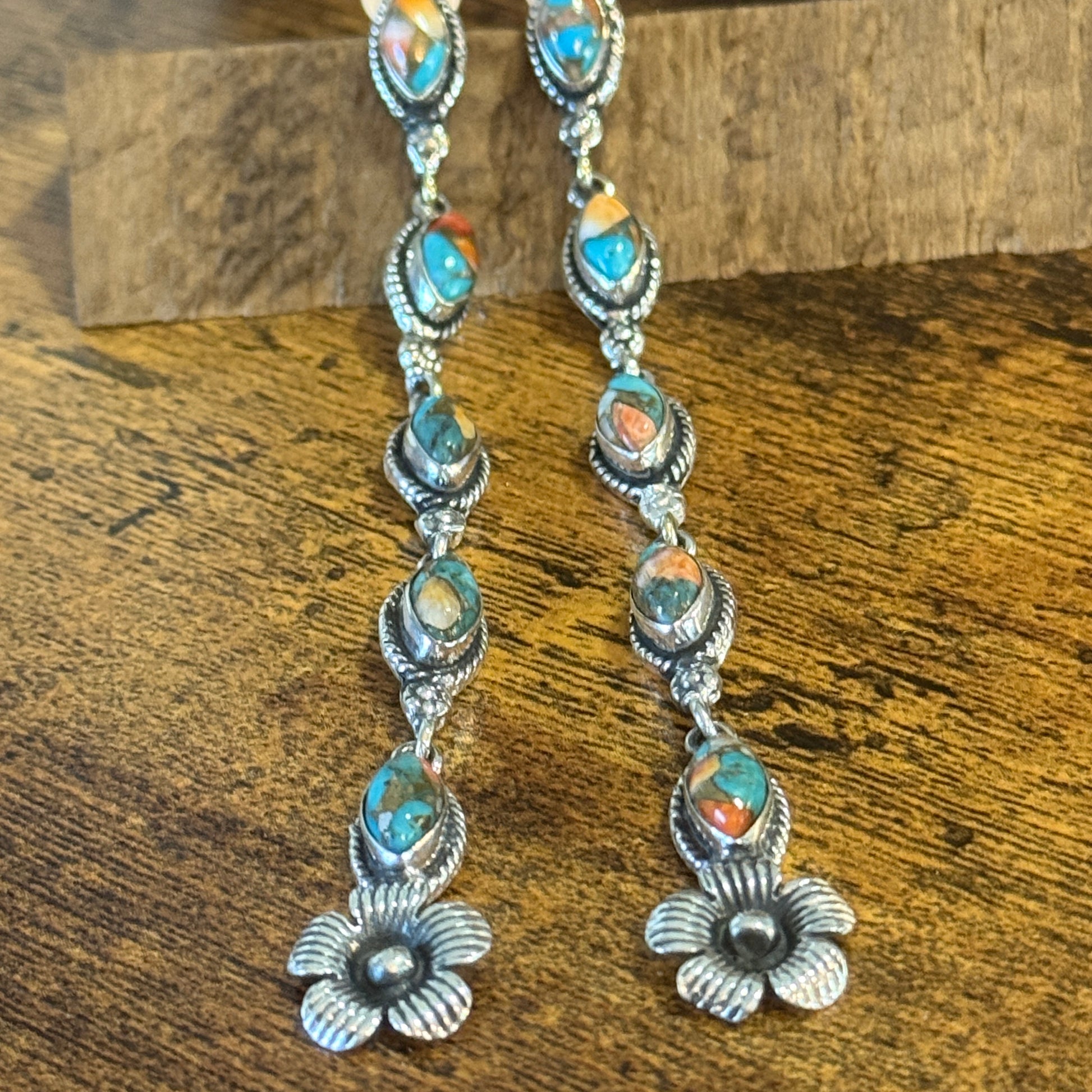 Spiny Oyster Turquoise Sterling Silver Handmade Stud Earrings 4.5 Inches Silver Elegant
