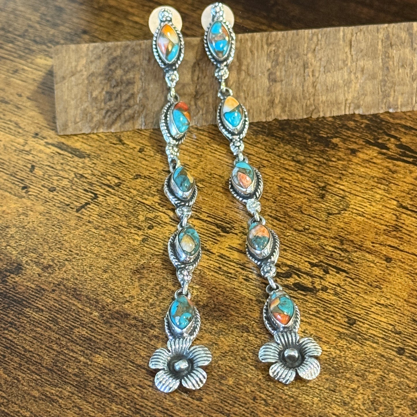 Spiny Oyster Turquoise Sterling Silver Handmade Stud Earrings 4.5 Inches Silver Elegant