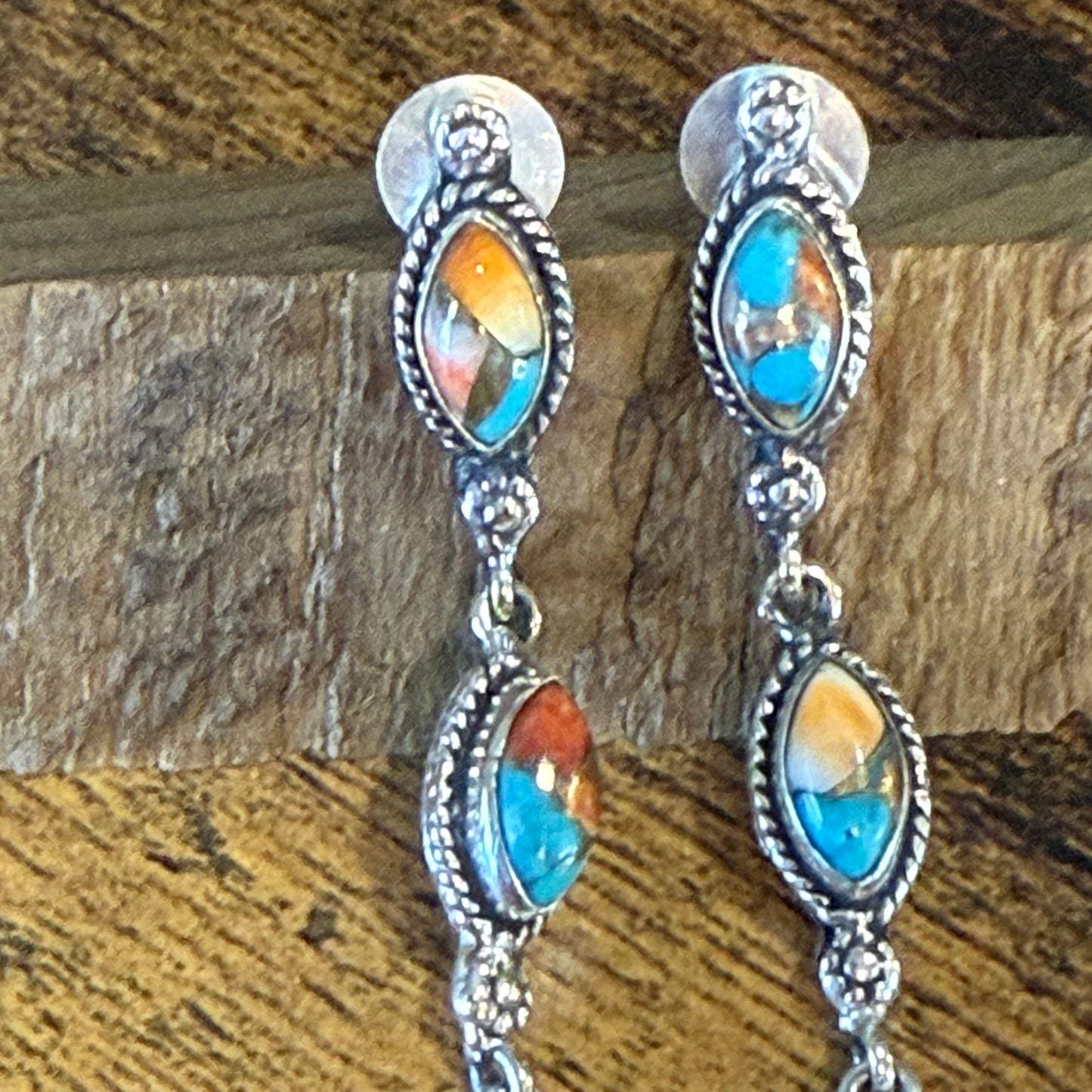 Spiny Oyster Turquoise Sterling Silver Handmade Stud Earrings 4.5 Inches Silver Elegant