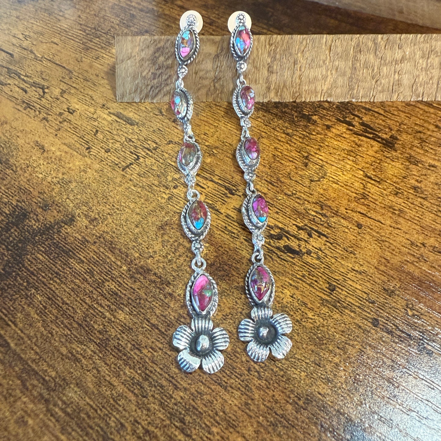 Kingman Pink Dahlia Turquoise Gemstone Sterling Silver Stud Earrings Silver Elegant