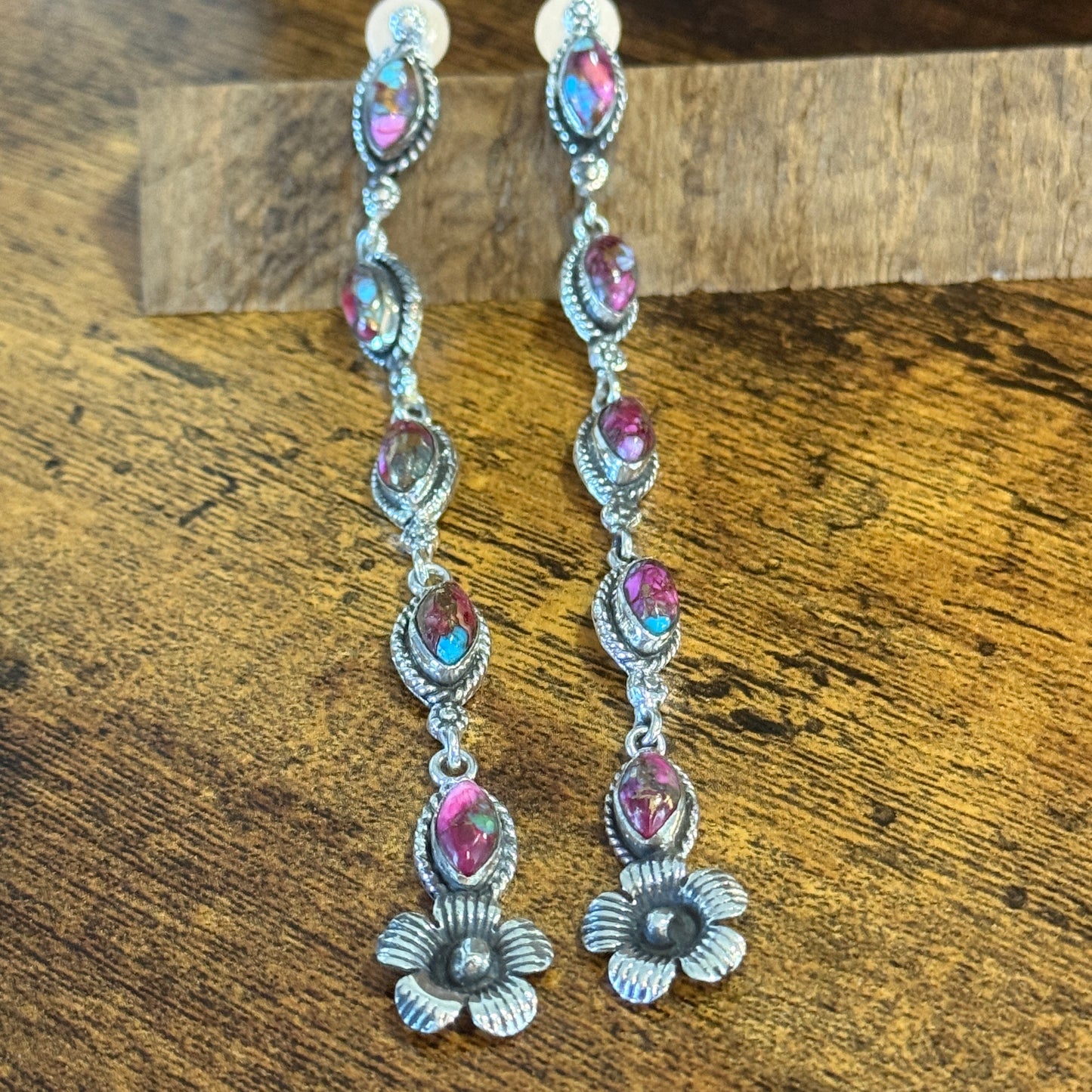 Kingman Pink Dahlia Turquoise Gemstone Sterling Silver Stud Earrings Silver Elegant