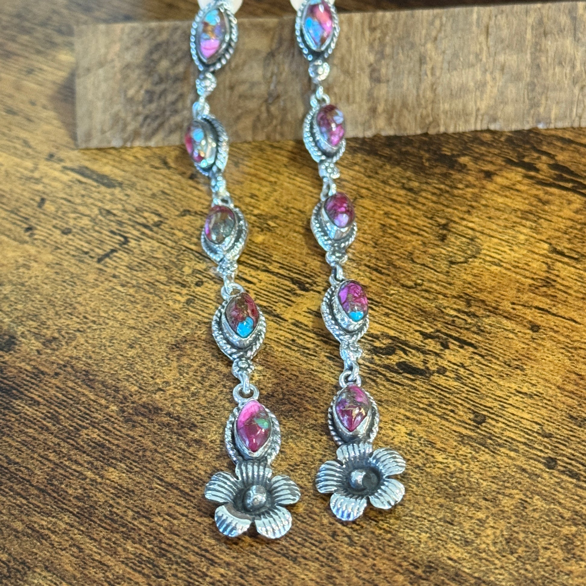 Kingman Pink Dahlia Turquoise Gemstone Sterling Silver Stud Earrings Silver Elegant
