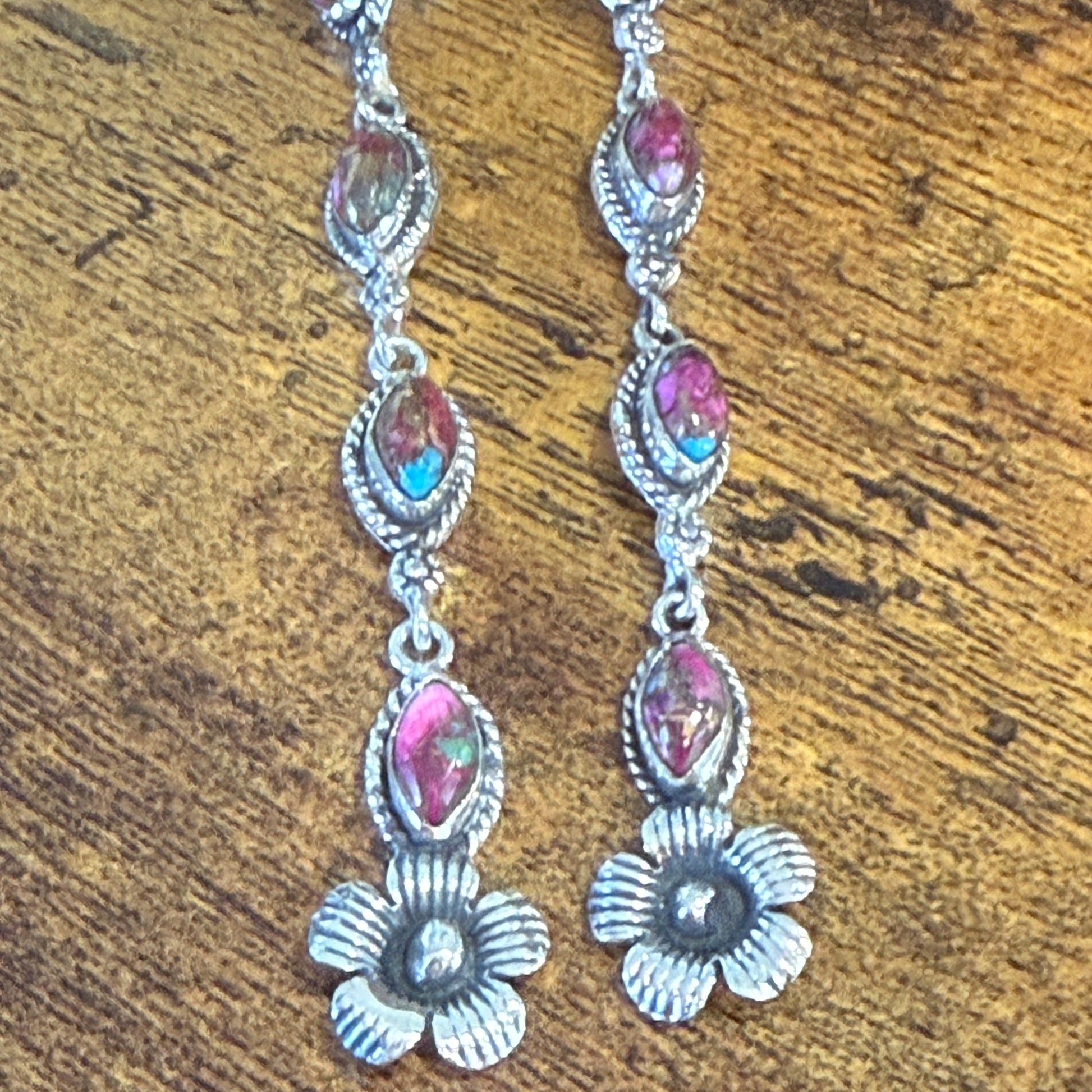 Kingman Pink Dahlia Turquoise Gemstone Sterling Silver Stud Earrings Silver Elegant
