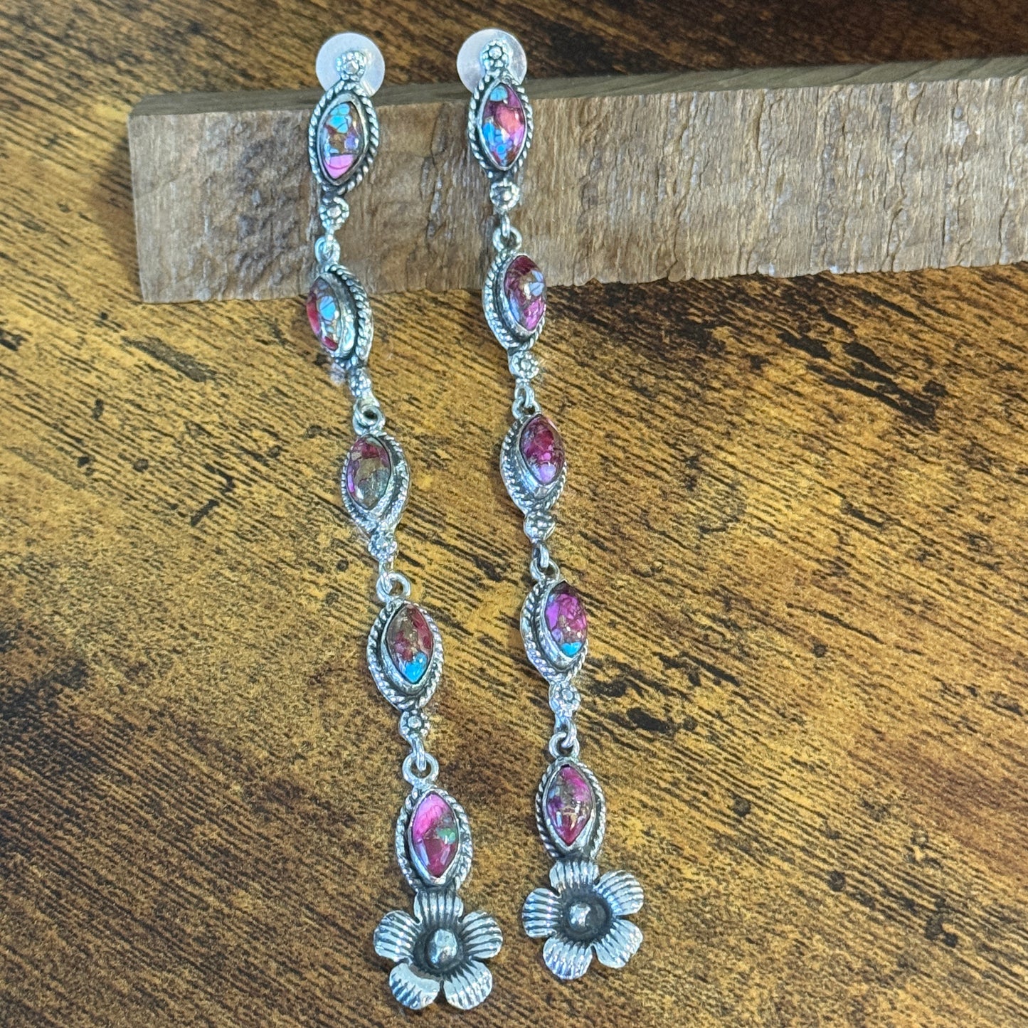 Kingman Pink Dahlia Turquoise Gemstone Sterling Silver Stud Earrings Silver Elegant