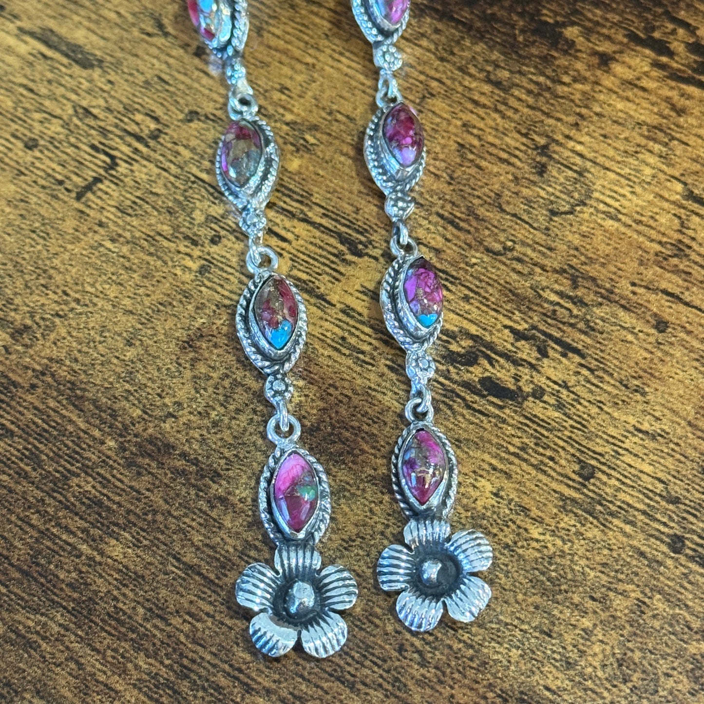 Kingman Pink Dahlia Turquoise Gemstone Sterling Silver Stud Earrings Silver Elegant