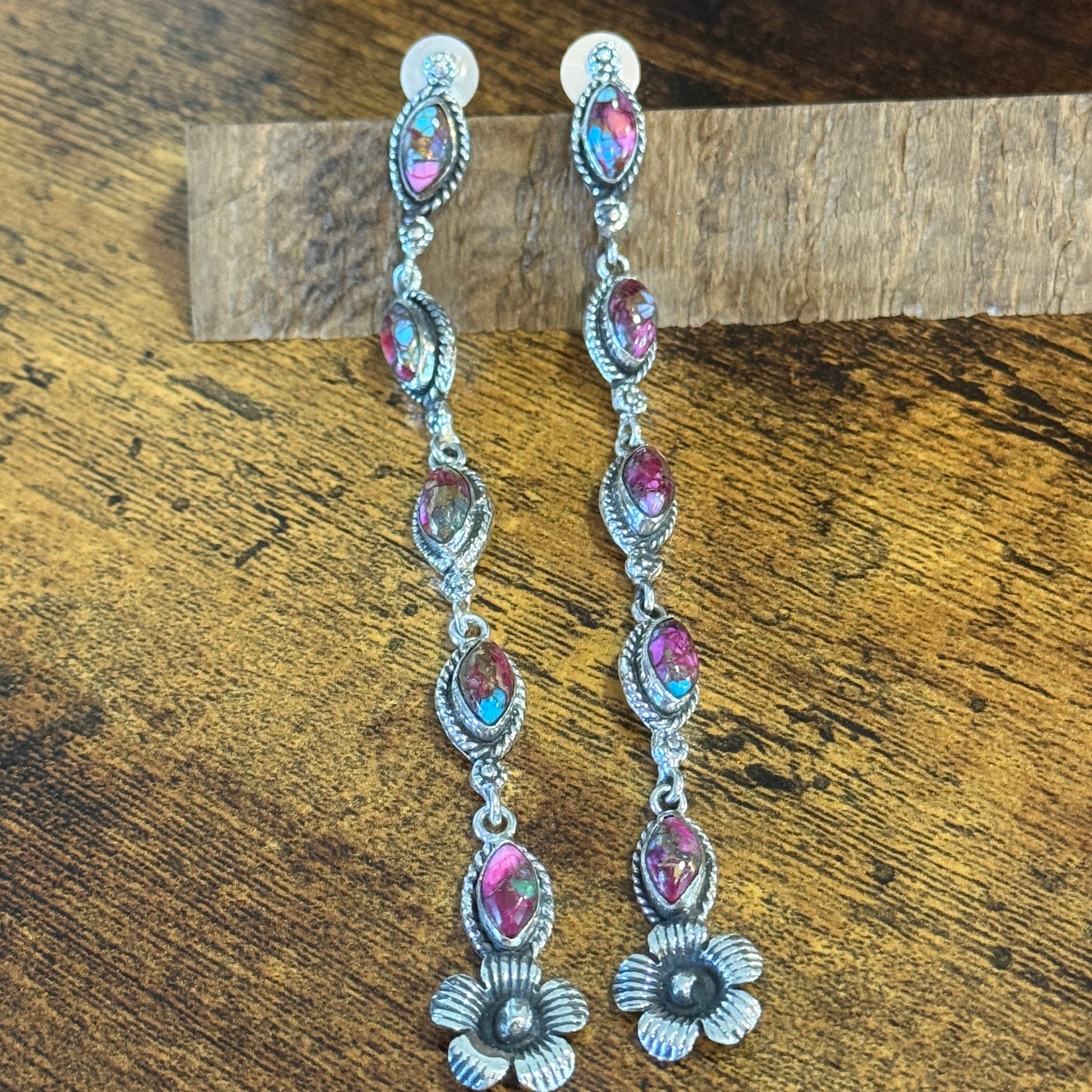 Kingman Pink Dahlia Turquoise Gemstone Sterling Silver Stud Earrings Silver Elegant