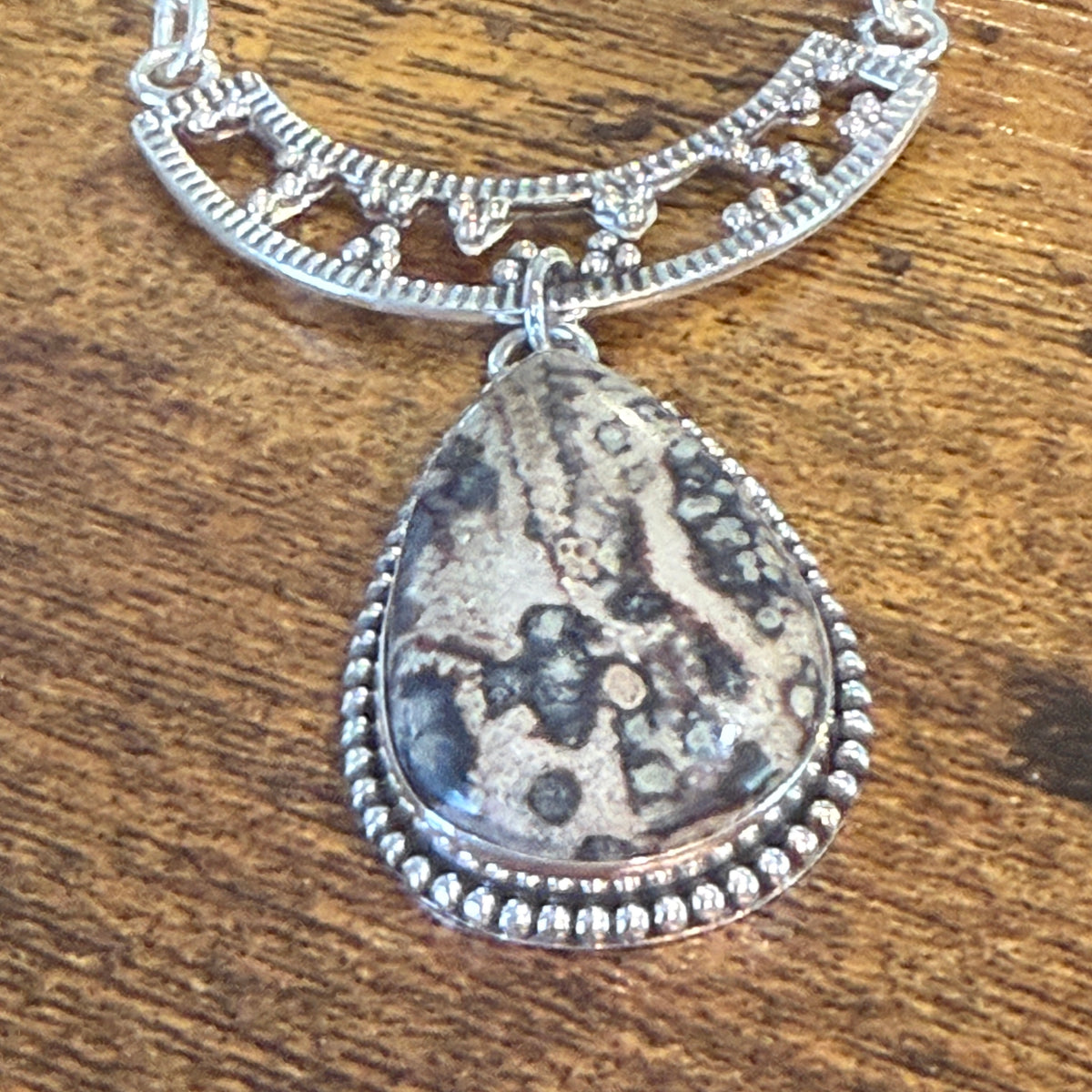 Leopard Skin Jasper Gemstone Ethnic Chain Necklace Sterling Silver 18 Inch Silver Elegant