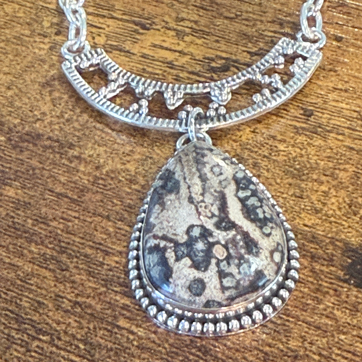 Leopard Skin Jasper Gemstone Ethnic Chain Necklace Sterling Silver 18 Inch Silver Elegant