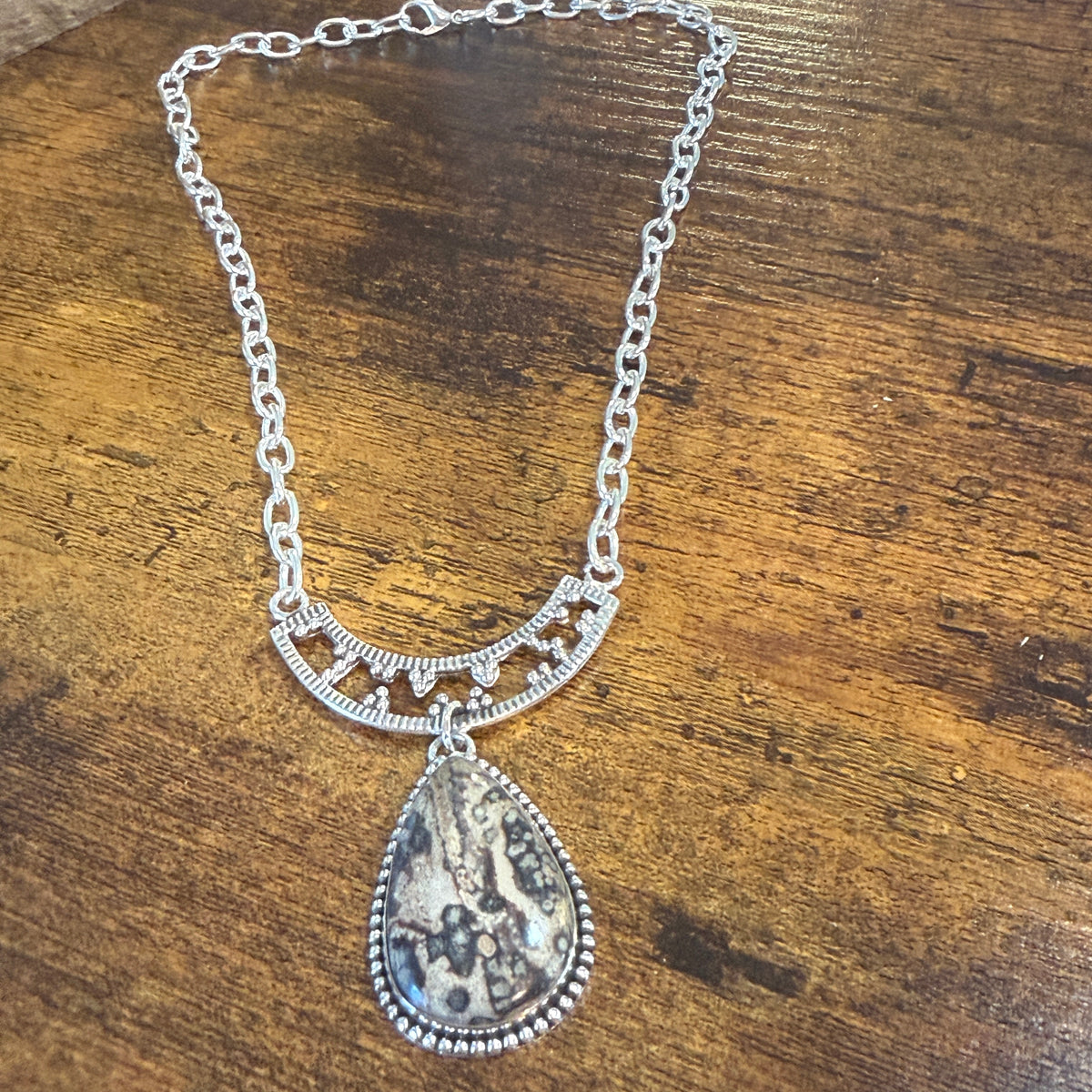Leopard Skin Jasper Gemstone Ethnic Chain Necklace Sterling Silver 18 Inch Silver Elegant