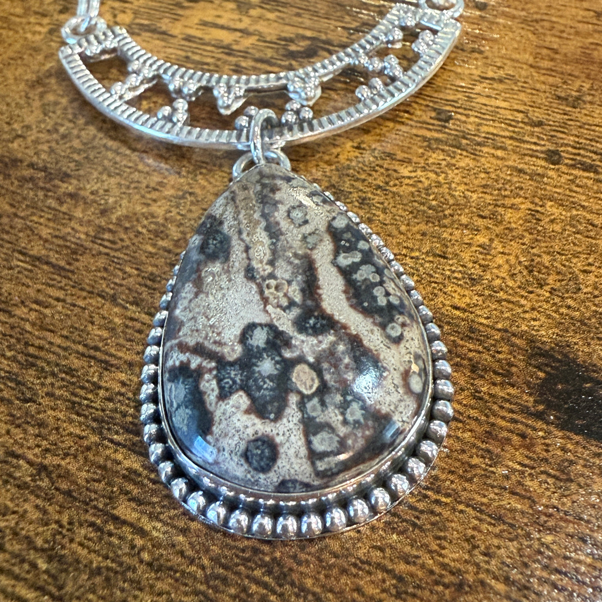 Leopard Skin Jasper Gemstone Ethnic Chain Necklace Sterling Silver 18 Inch Silver Elegant