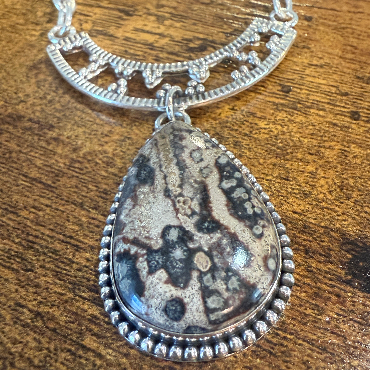 Leopard Skin Jasper Gemstone Ethnic Chain Necklace Sterling Silver 18 Inch Silver Elegant