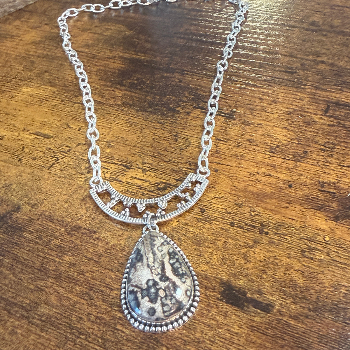Leopard Skin Jasper Gemstone Ethnic Chain Necklace Sterling Silver 18 Inch Silver Elegant