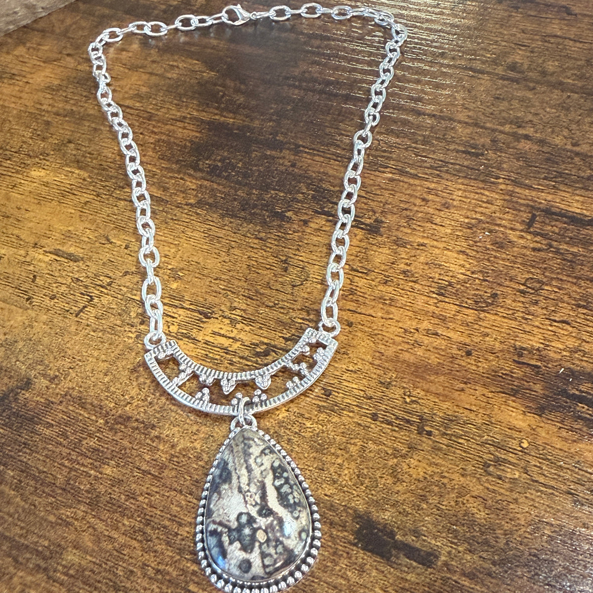 Leopard Skin Jasper Gemstone Ethnic Chain Necklace Sterling Silver 18 Inch Silver Elegant