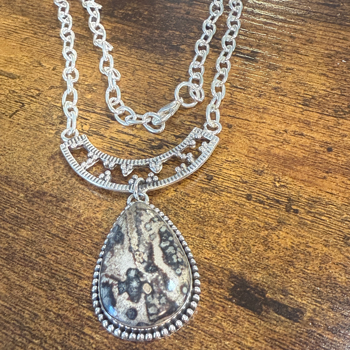 Leopard Skin Jasper Gemstone Ethnic Chain Necklace Sterling Silver 18 Inch Silver Elegant