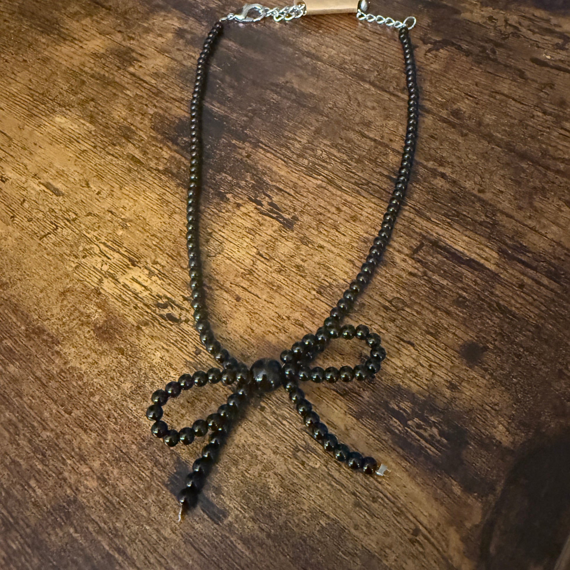 Black Bead Bow Necklace Mixed Metals Elegant Jewelry for Women Silver Elegant