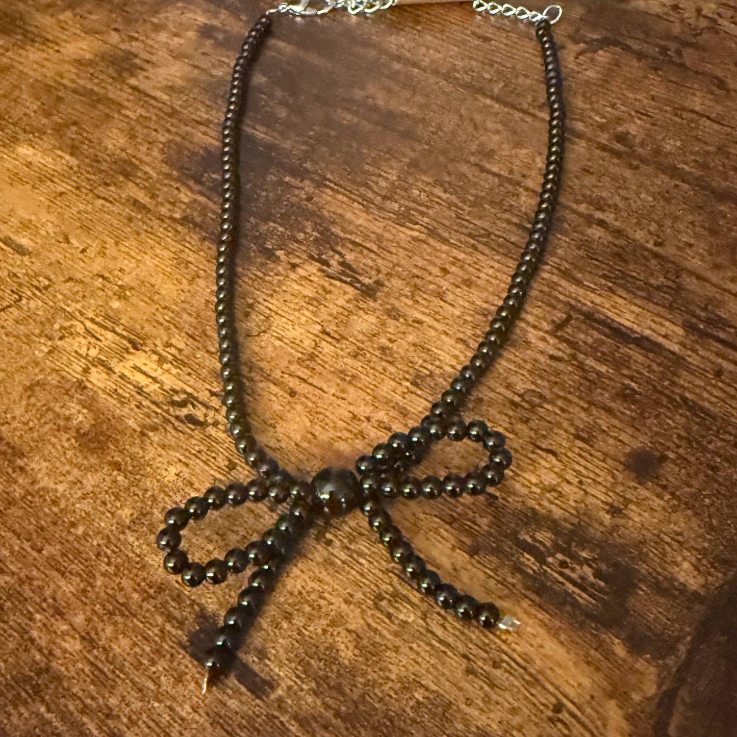 Black Bead Bow Necklace Mixed Metals Elegant Jewelry for Women Silver Elegant