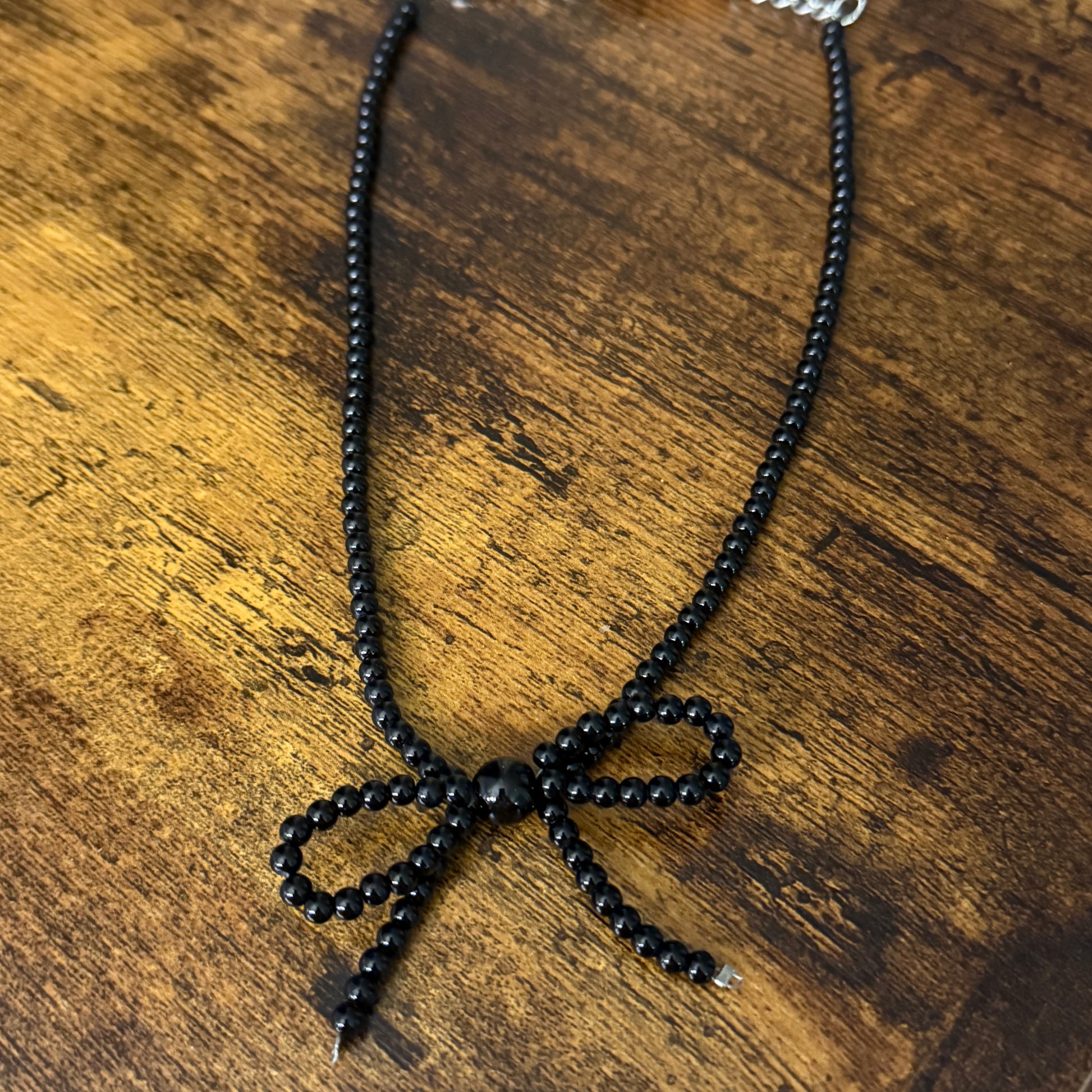 Black Bead Bow Necklace Mixed Metals Elegant Jewelry for Women Silver Elegant