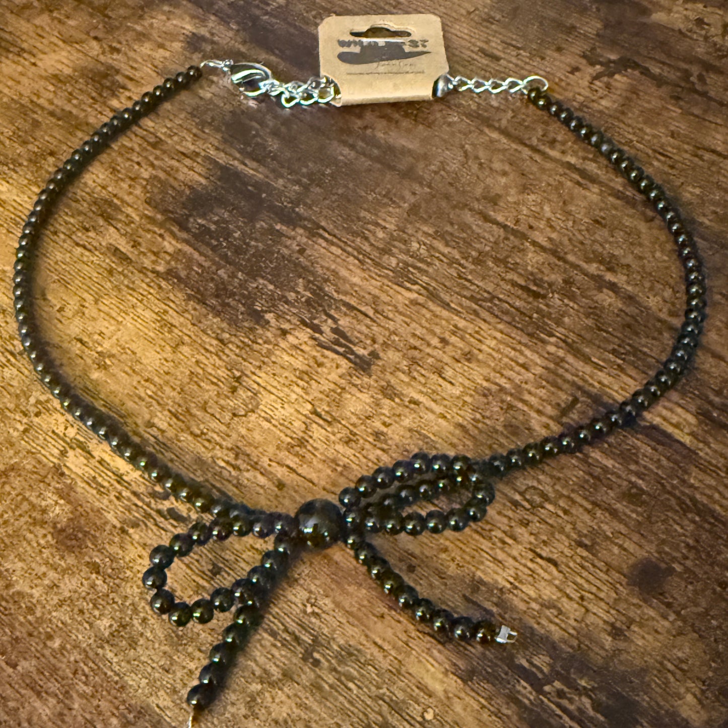 Black Bead Bow Necklace Mixed Metals Elegant Jewelry for Women Silver Elegant