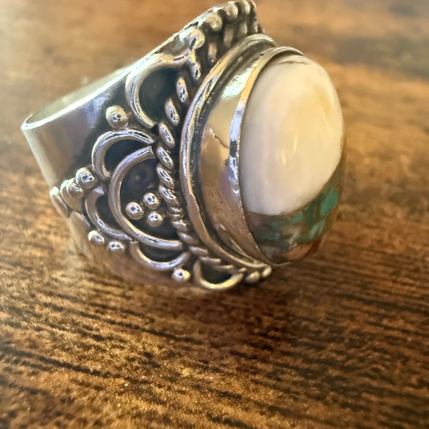 Natural Oyster Turquoise Gemstone Sterling Silver Cuff Ring Size 8 Silver Elegant