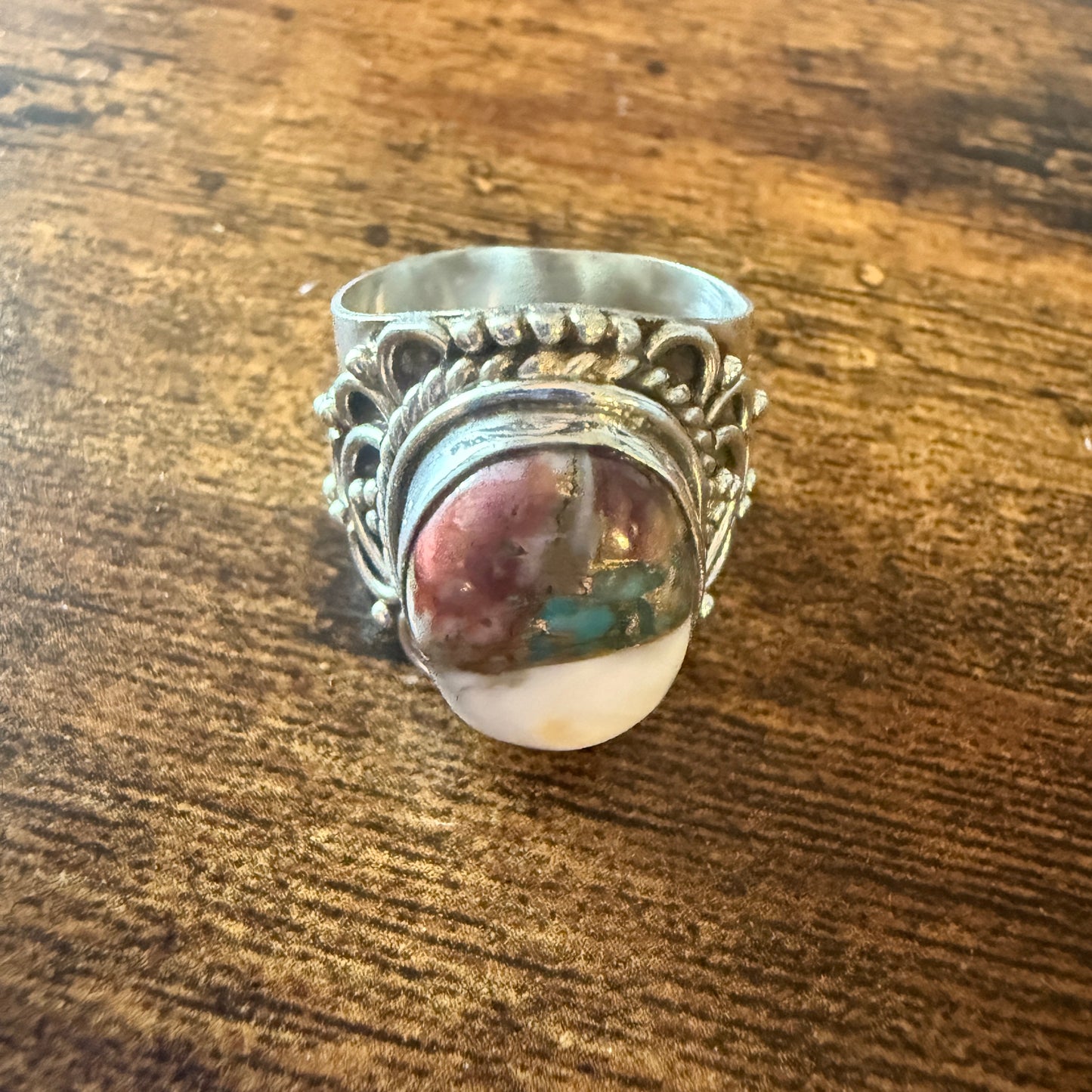 Natural Oyster Turquoise Gemstone Sterling Silver Cuff Ring Size 8 Silver Elegant