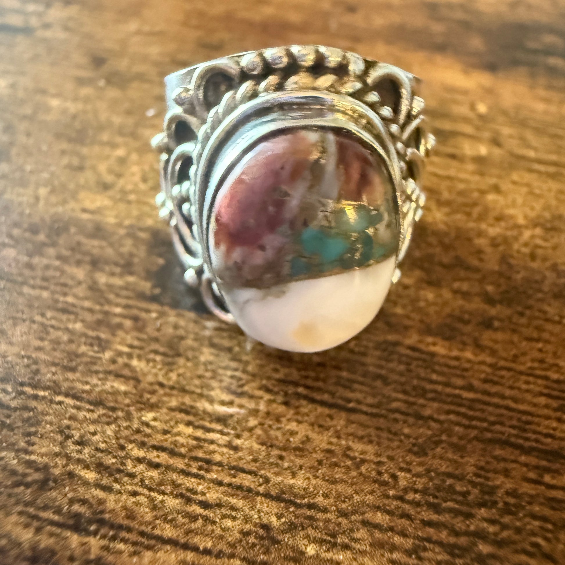 Natural Oyster Turquoise Gemstone Sterling Silver Cuff Ring Size 8 Silver Elegant