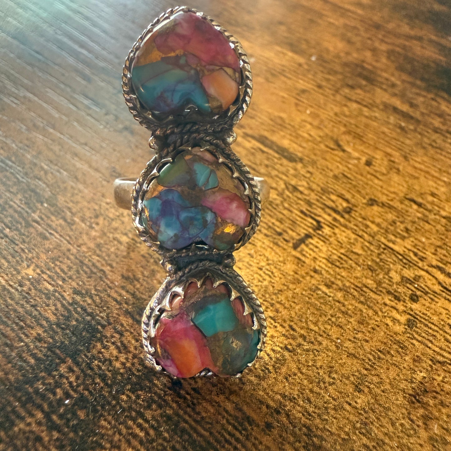 Pink Copper Turquoise Gemstone Cuff Ring In Sterling Silver Handmade Size 10 Silver Elegant