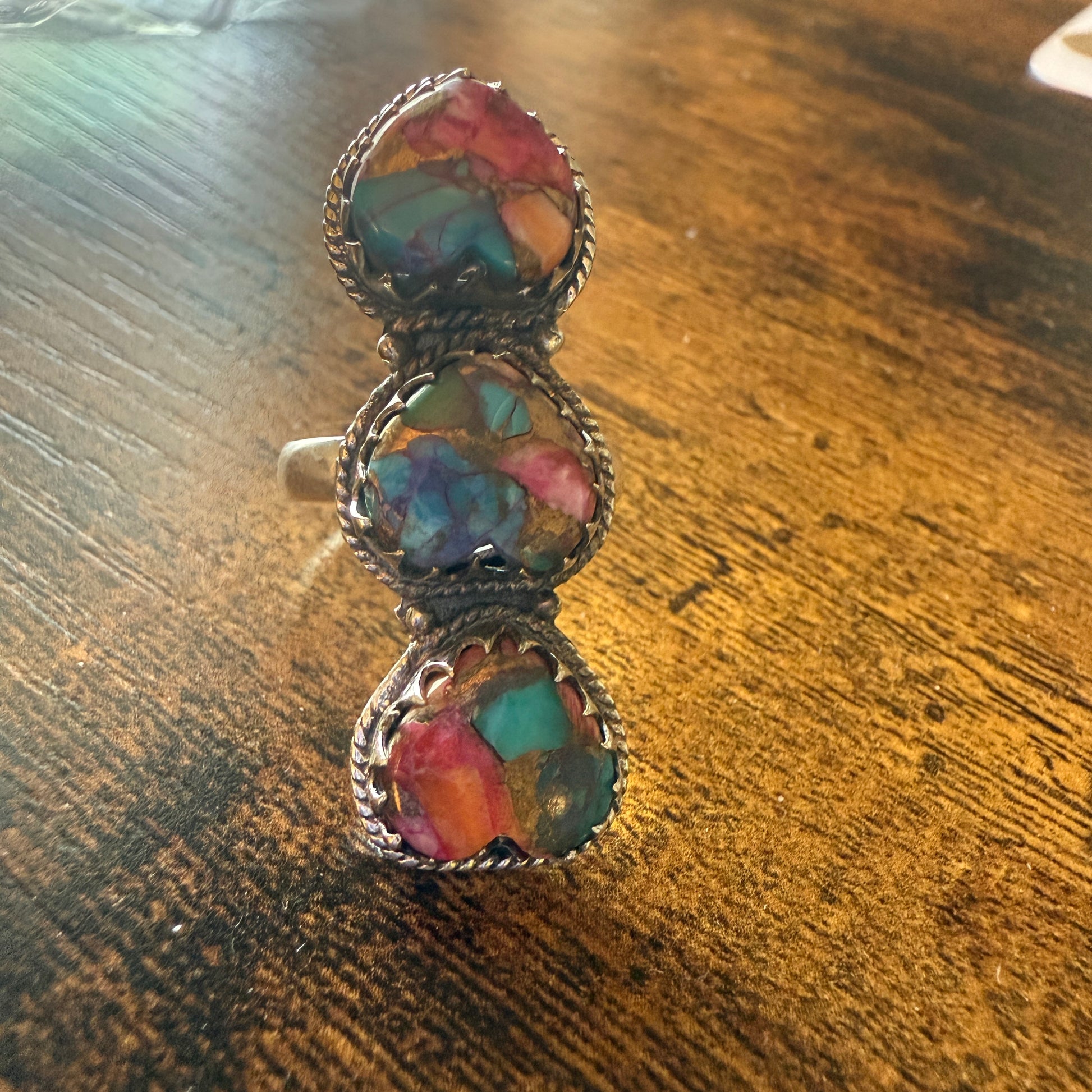Pink Copper Turquoise Gemstone Cuff Ring In Sterling Silver Handmade Size 10 Silver Elegant