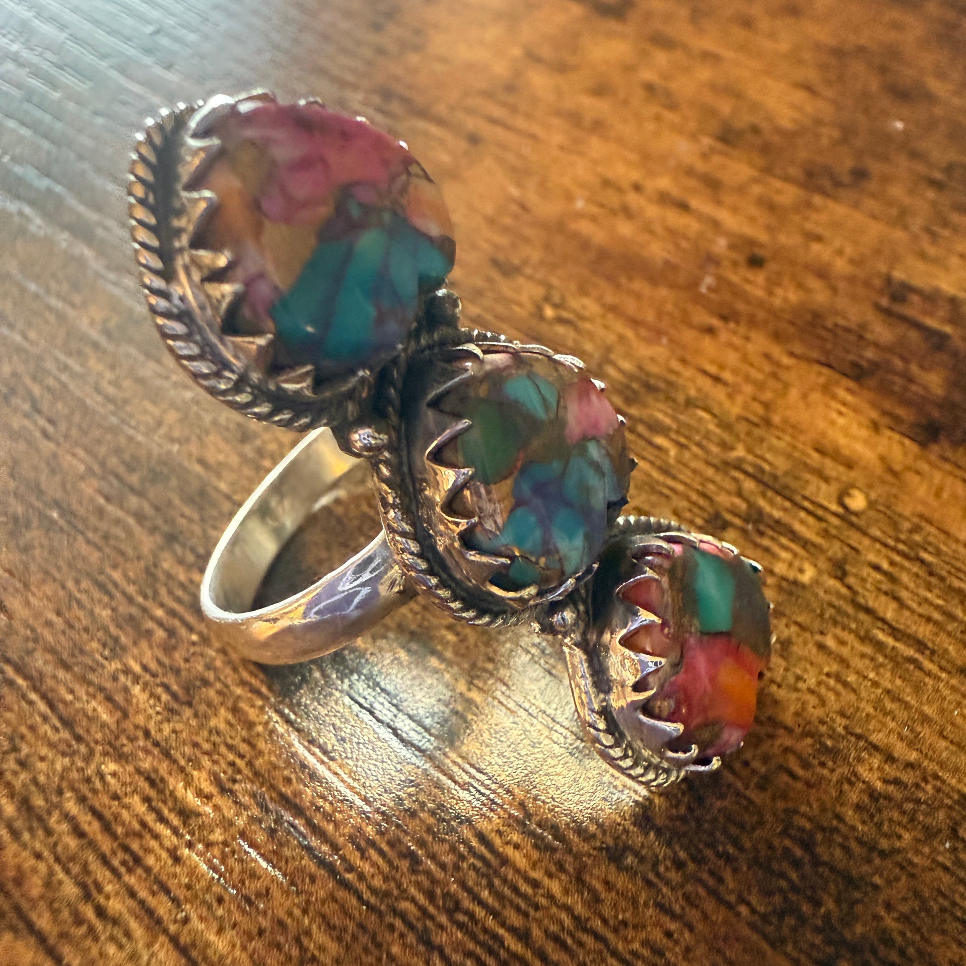 Pink Copper Turquoise Gemstone Cuff Ring In Sterling Silver Handmade Size 10 Silver Elegant