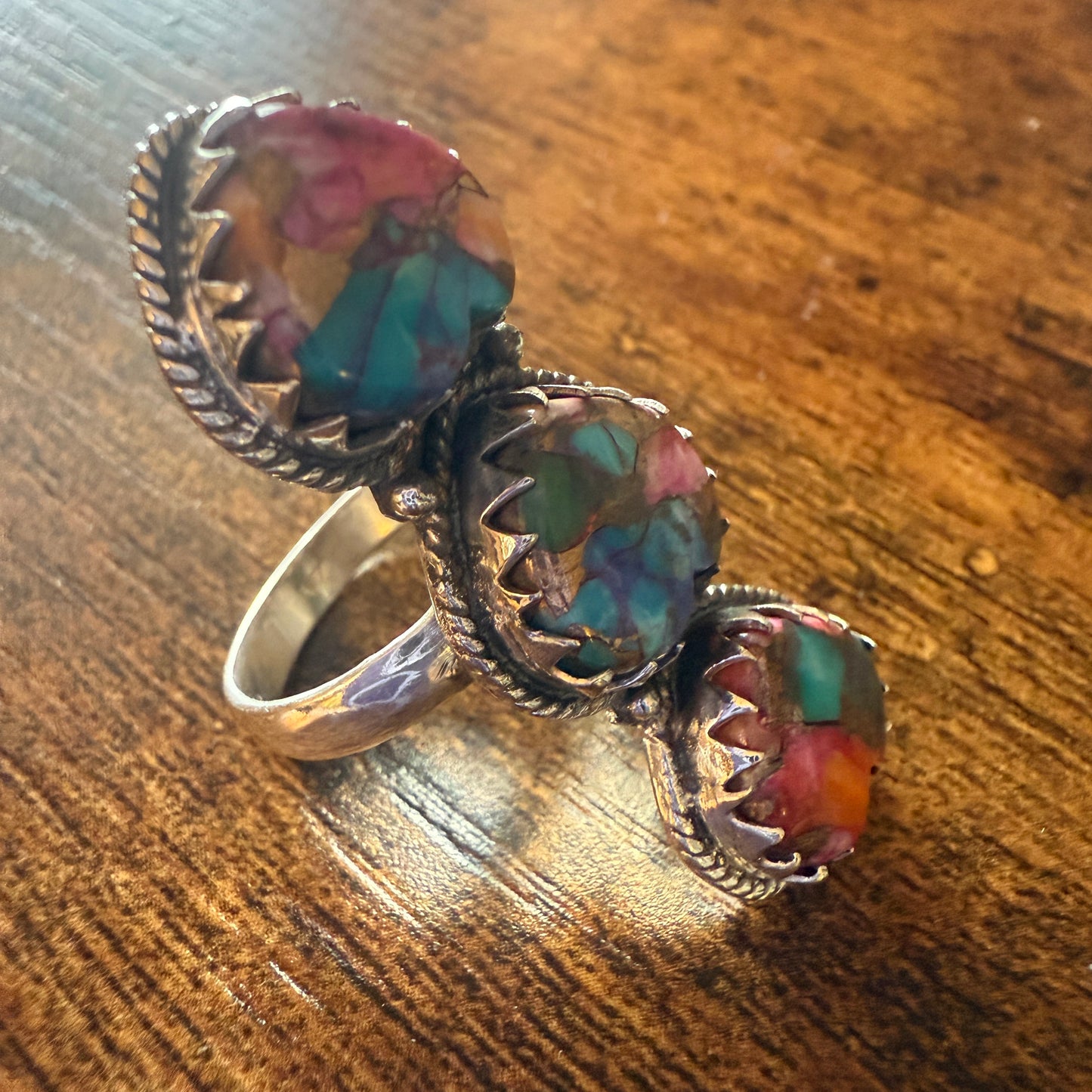 Pink Copper Turquoise Gemstone Cuff Ring In Sterling Silver Handmade Size 10 Silver Elegant