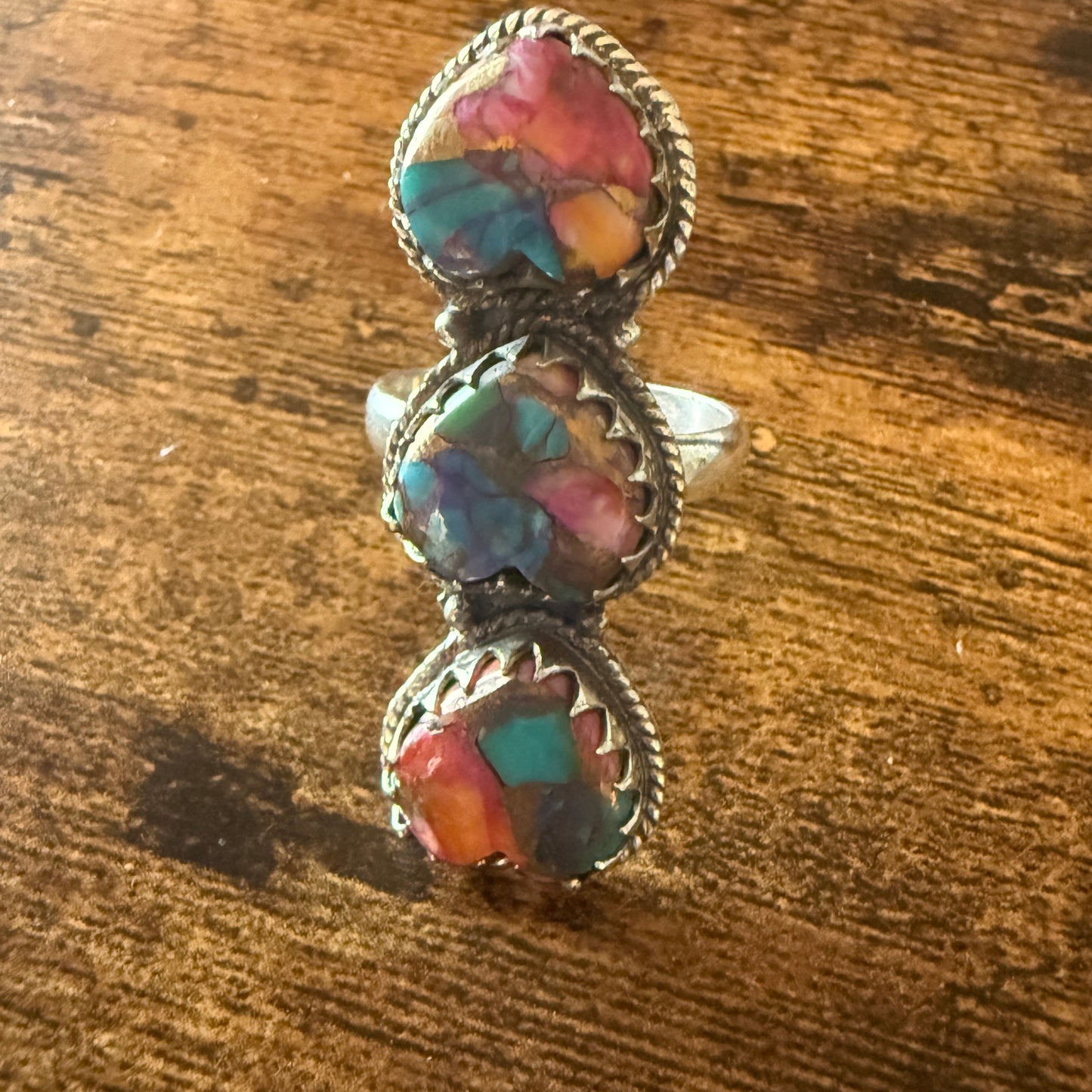 Pink Copper Turquoise Gemstone Cuff Ring In Sterling Silver Handmade Size 10 Silver Elegant