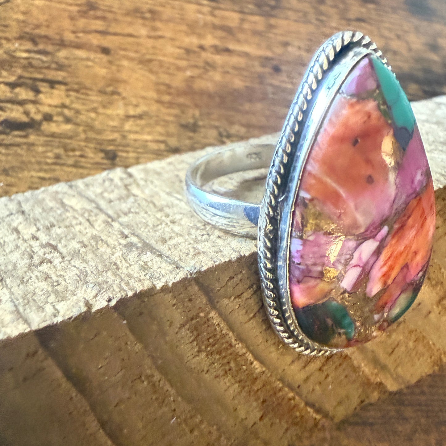 Pink Oyster Turquoise Gemstone Ring 925 Sterling Silver Handmade Size 8 Silver Elegant