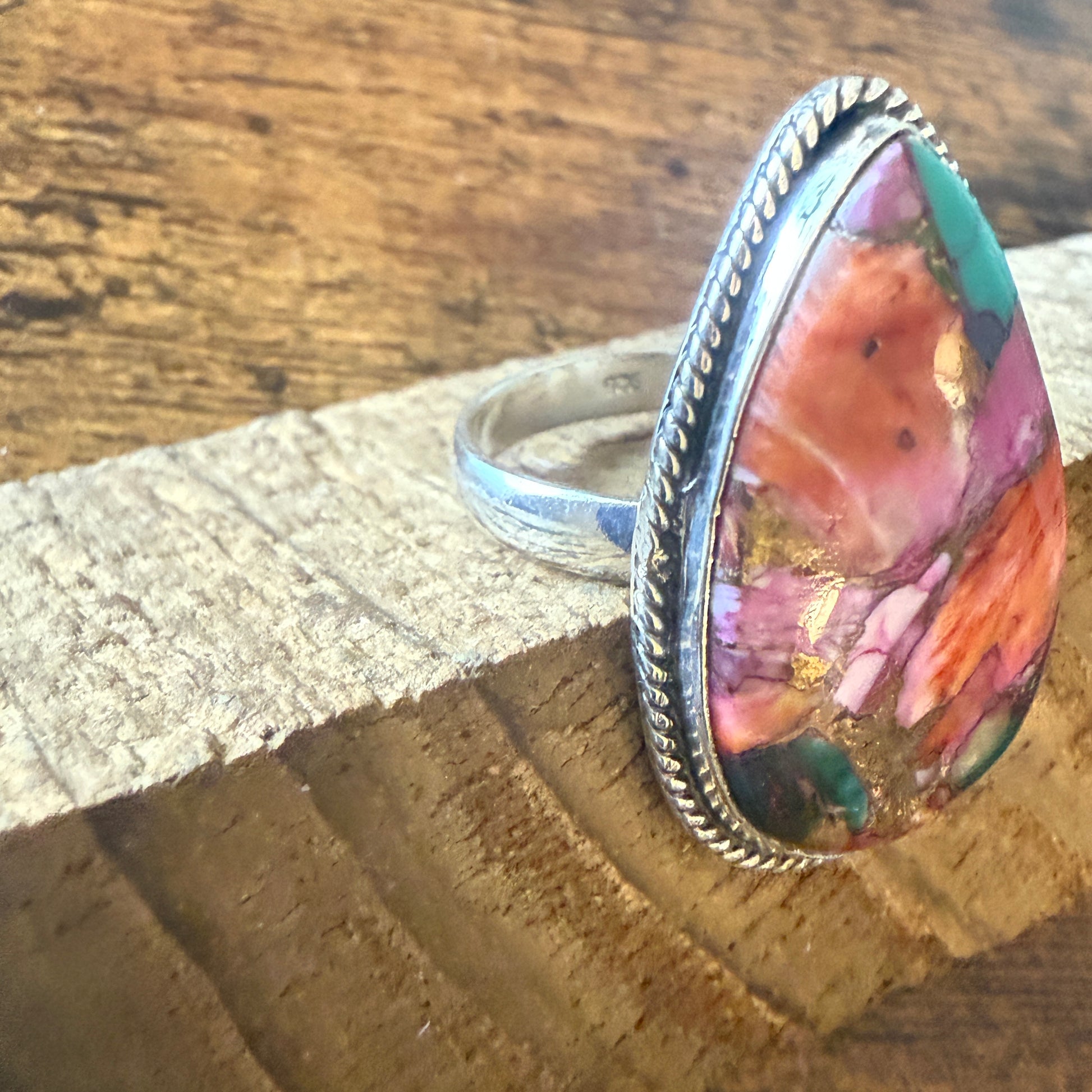 Pink Oyster Turquoise Gemstone Ring 925 Sterling Silver Handmade Size 8 Silver Elegant