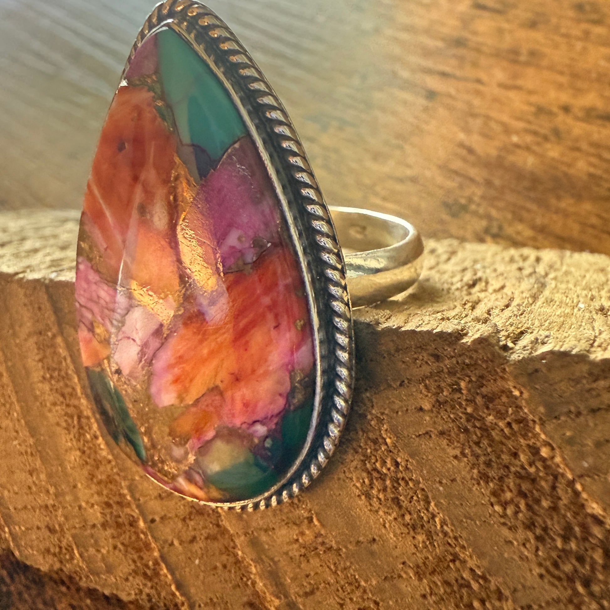 Pink Oyster Turquoise Gemstone Ring 925 Sterling Silver Handmade Size 8 Silver Elegant