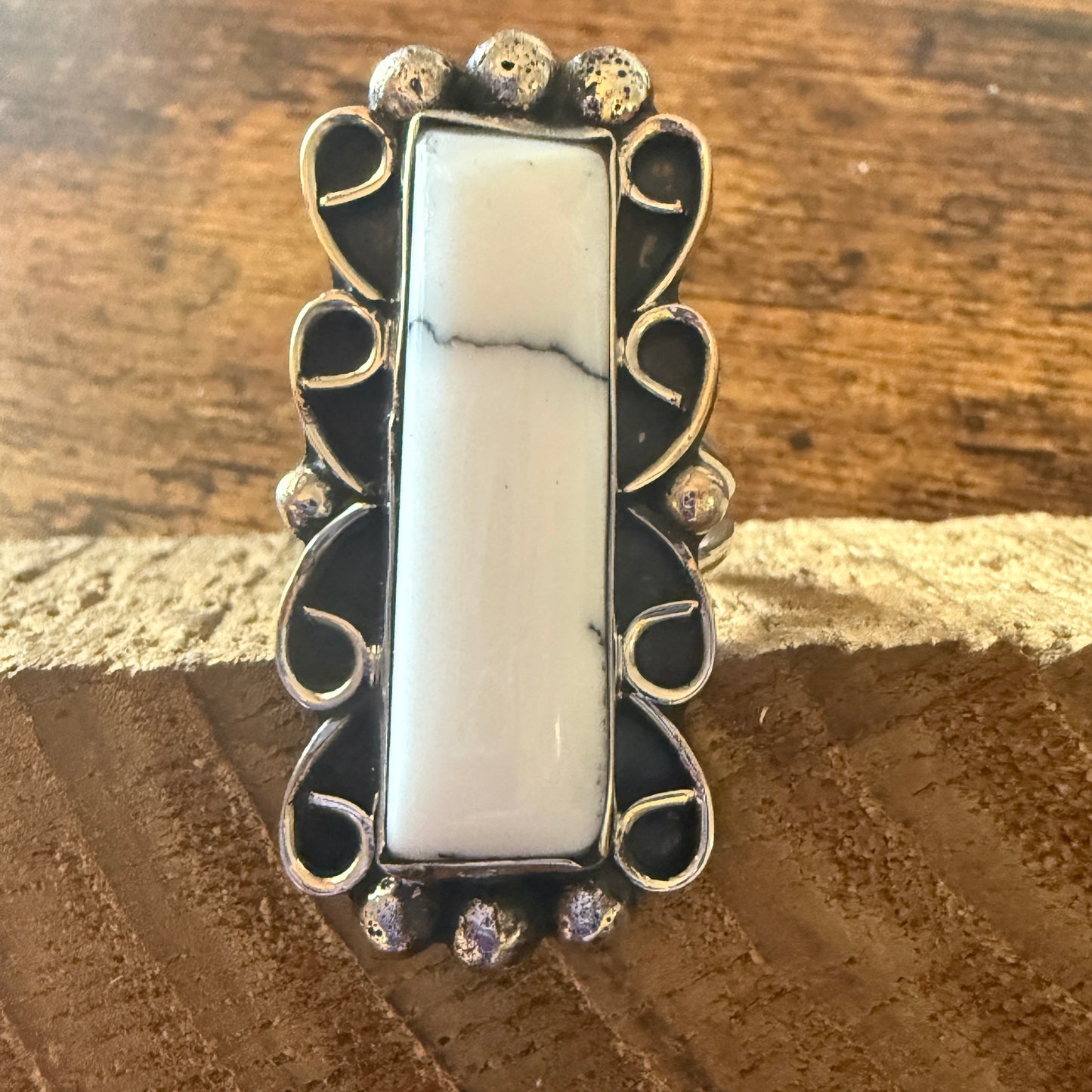 Native Inspired Nickel Silver Howlite Cuff Ring Size 9.5, Signed Cleveland Silver Elegant