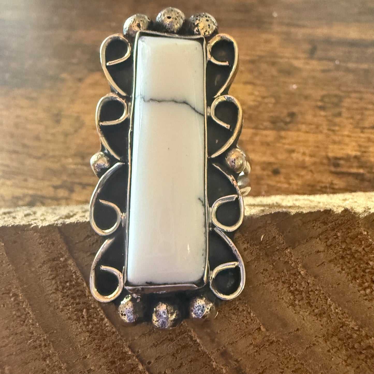 Native Inspired Nickel Silver Howlite Cuff Ring Size 9.5, Signed Cleveland Silver Elegant