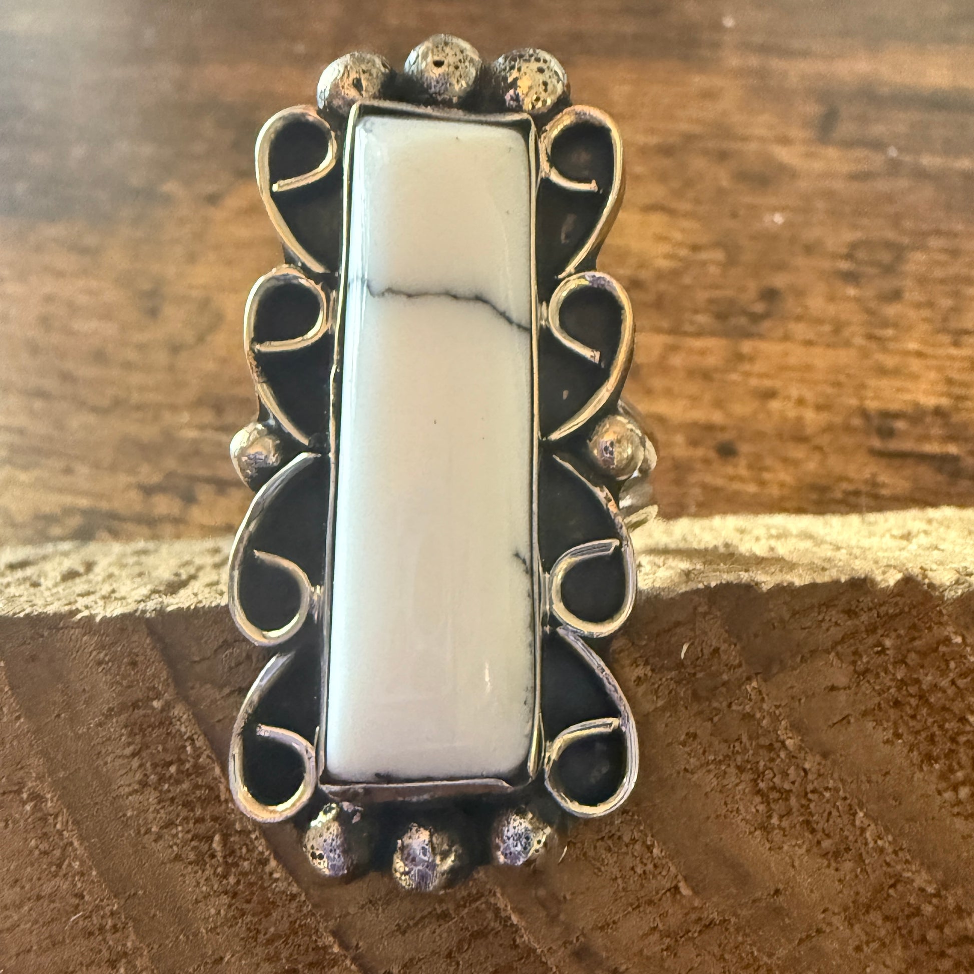 Native Inspired Nickel Silver Howlite Cuff Ring Size 9.5, Signed Cleveland Silver Elegant