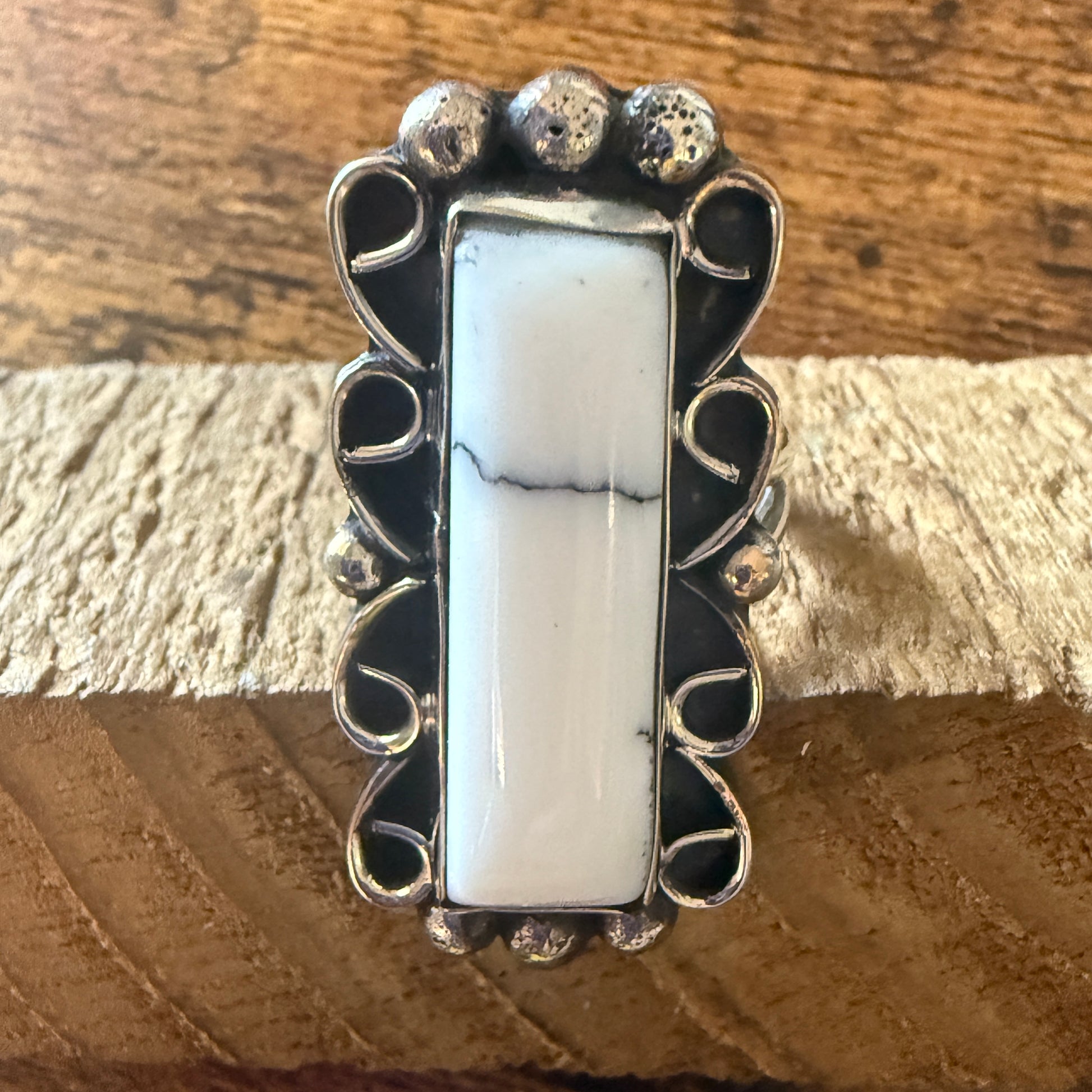 Native Inspired Nickel Silver Howlite Cuff Ring Size 9.5, Signed Cleveland Silver Elegant