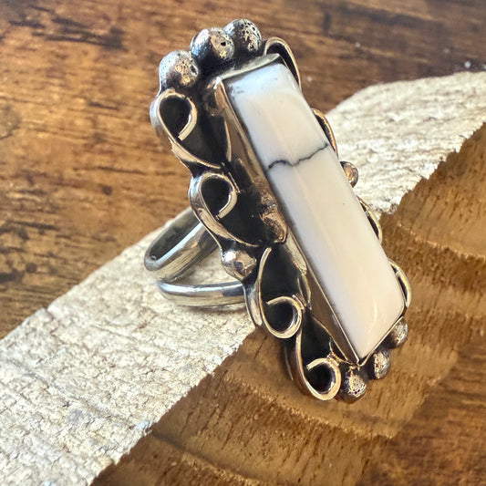 Native Inspired Nickel Silver Howlite Cuff Ring Size 9.5, Signed Cleveland Silver Elegant