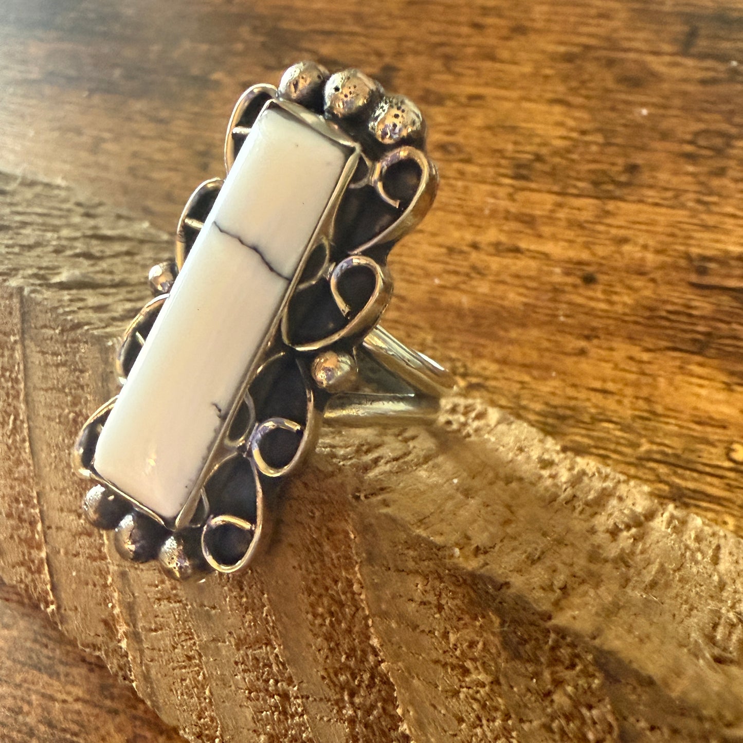 Native Inspired Nickel Silver Howlite Cuff Ring Size 9.5, Signed Cleveland Silver Elegant