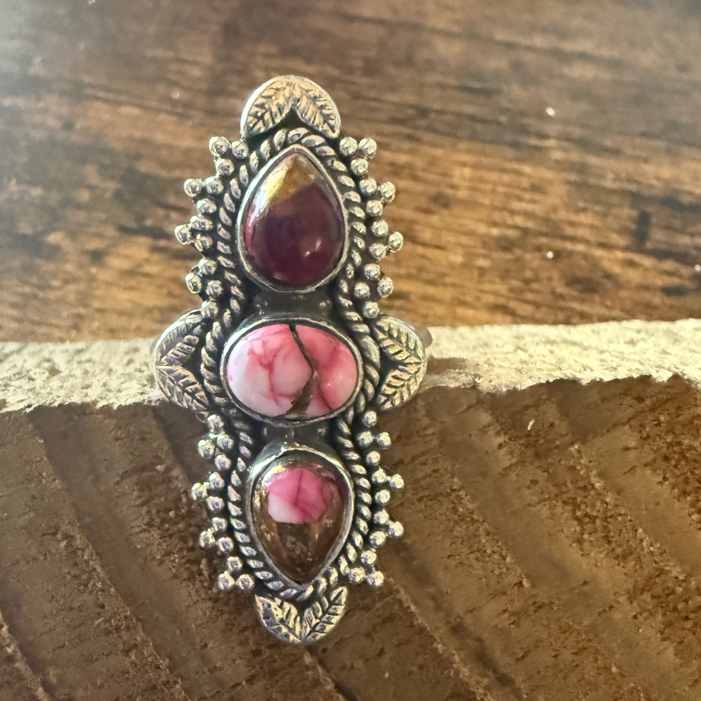 Rose Dahlia Turquoise 3 Stone Ring 925 Sterling Silver Adjustable Silver Elegant