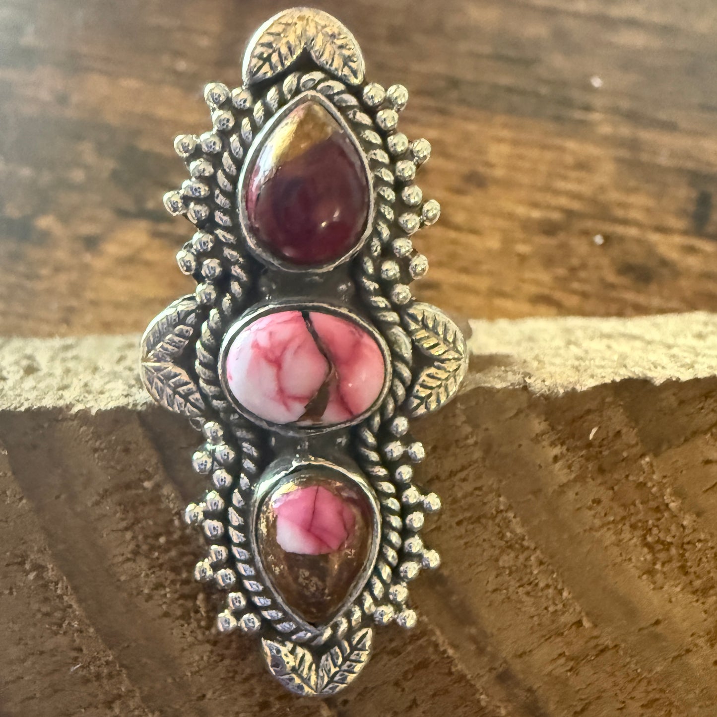 Rose Dahlia Turquoise 3 Stone Ring 925 Sterling Silver Adjustable Silver Elegant