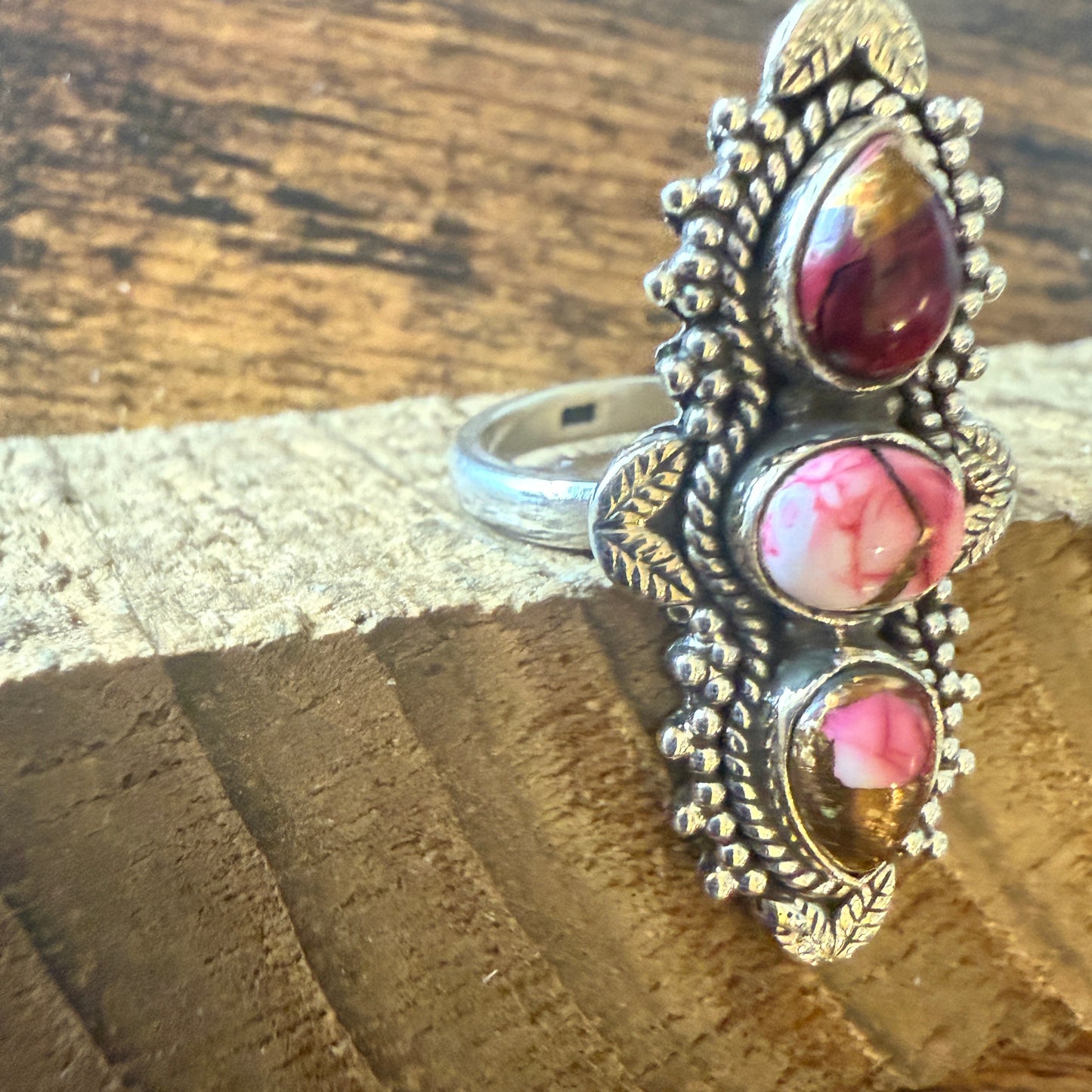 Rose Dahlia Turquoise 3 Stone Ring 925 Sterling Silver Adjustable Silver Elegant