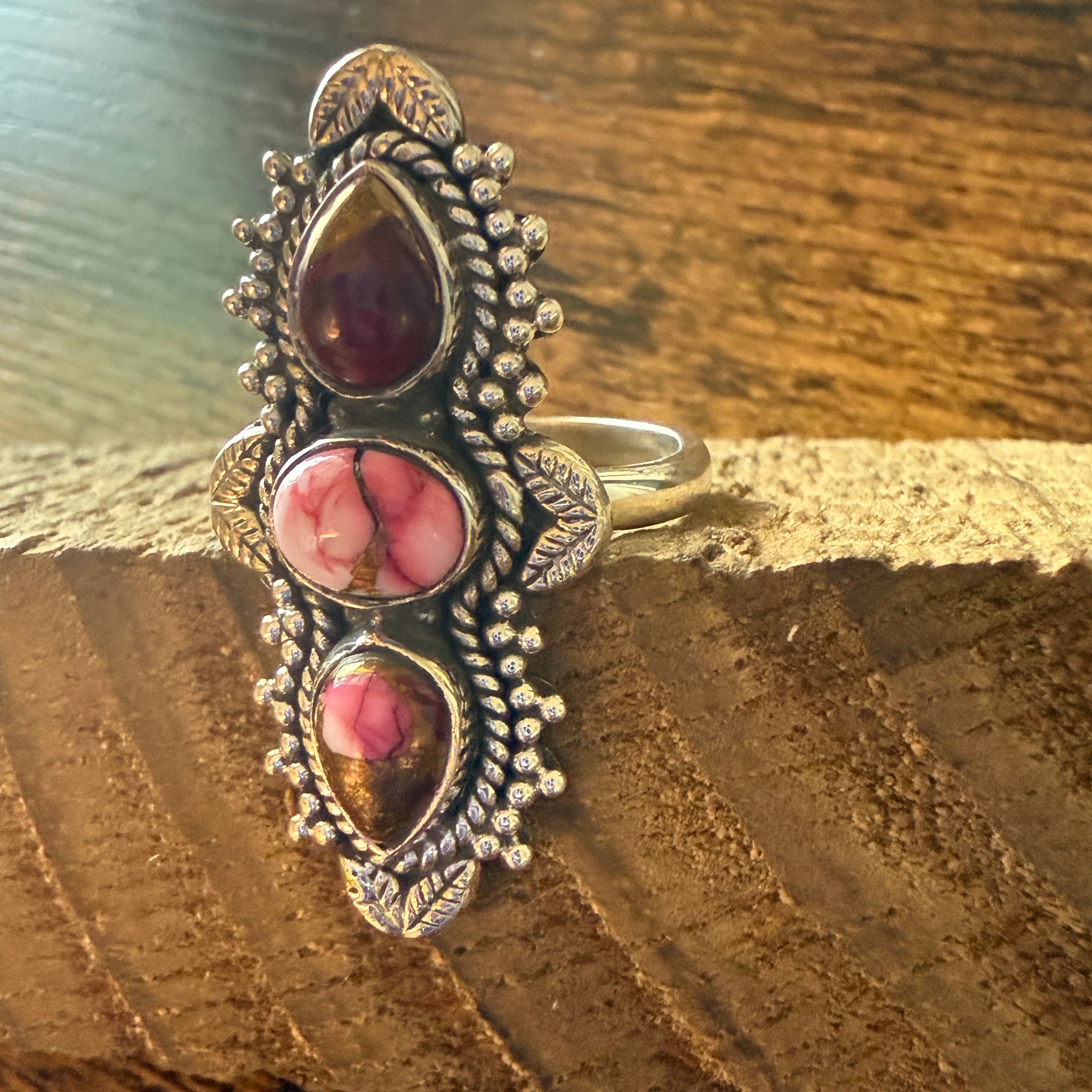 Rose Dahlia Turquoise 3 Stone Ring 925 Sterling Silver Adjustable Silver Elegant
