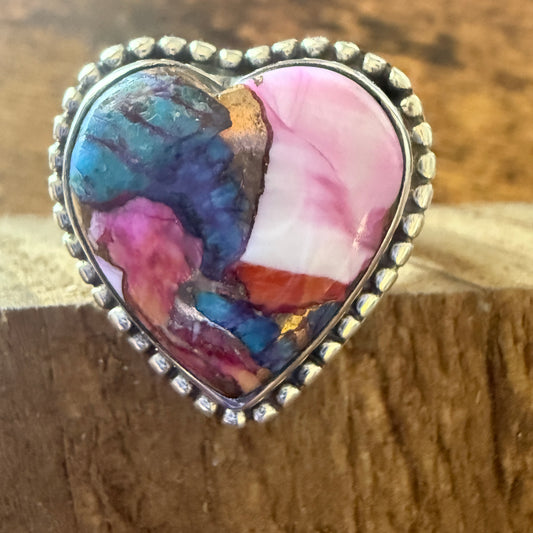 Heart Shape Pink Dahlia Ring, Size 7,  In Copper Turquoise Sterling Silver Split Shank, Silver Elegant