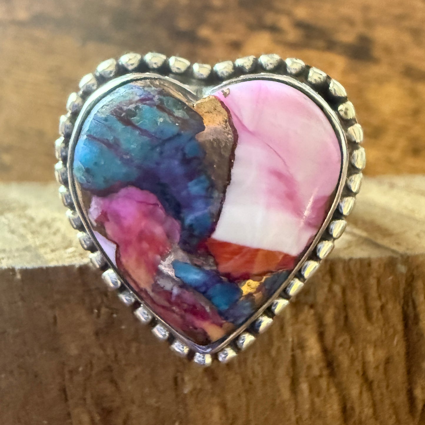 Heart Shape Pink Dahlia Ring, Size 7,  In Copper Turquoise Sterling Silver Split Shank, Silver Elegant