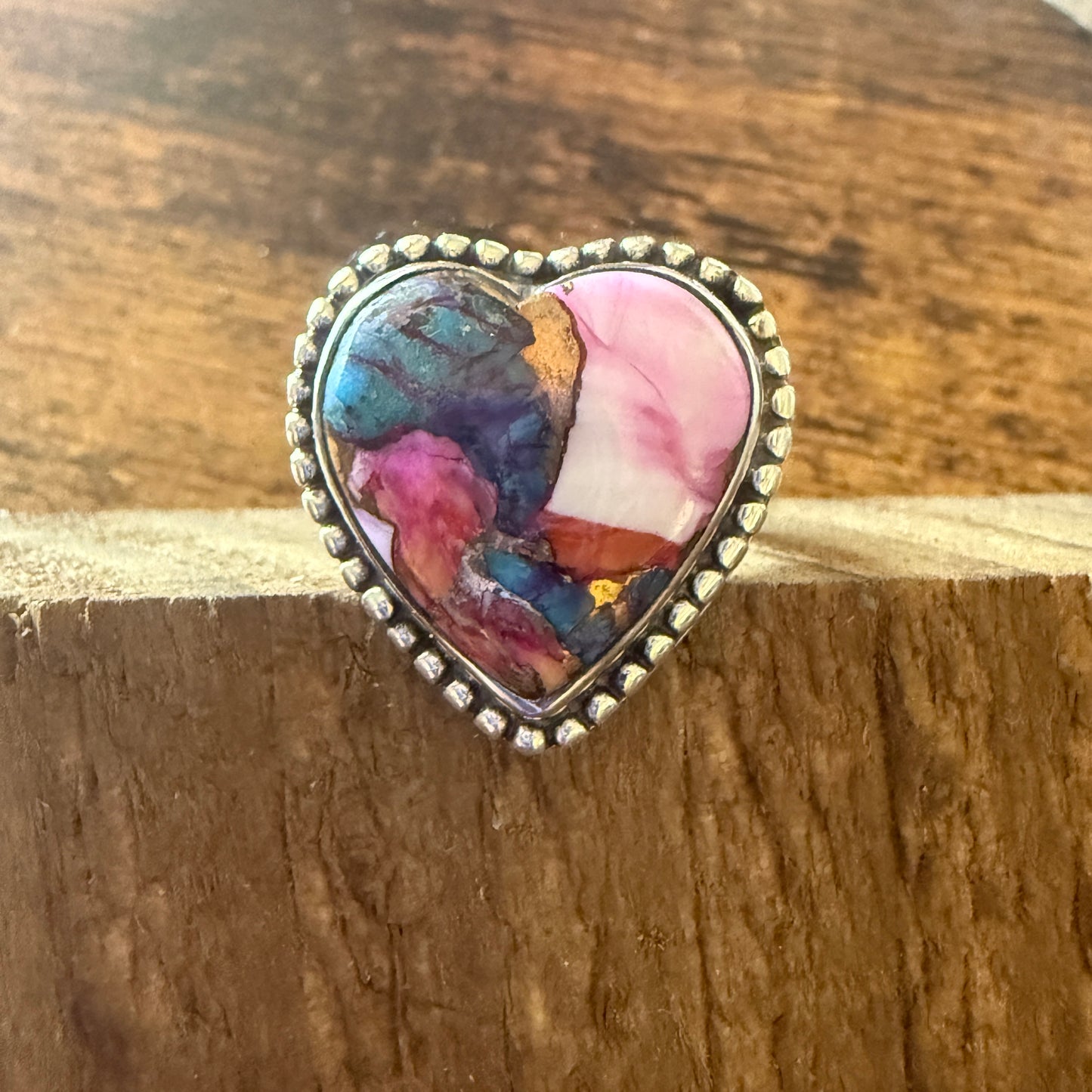 Heart Shape Pink Dahlia Ring, Size 7,  In Copper Turquoise Sterling Silver Split Shank, Silver Elegant