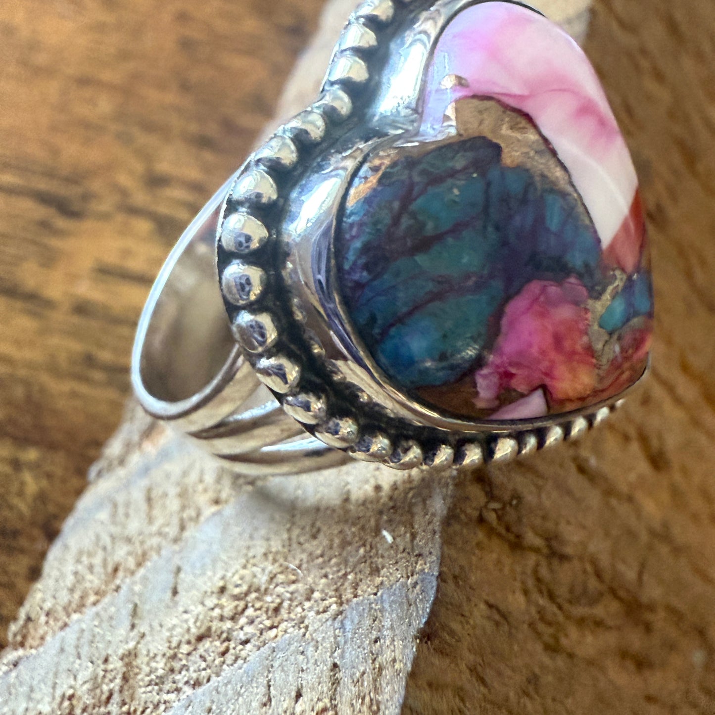 Heart Shape Pink Dahlia Ring, Size 7,  In Copper Turquoise Sterling Silver Split Shank, Silver Elegant